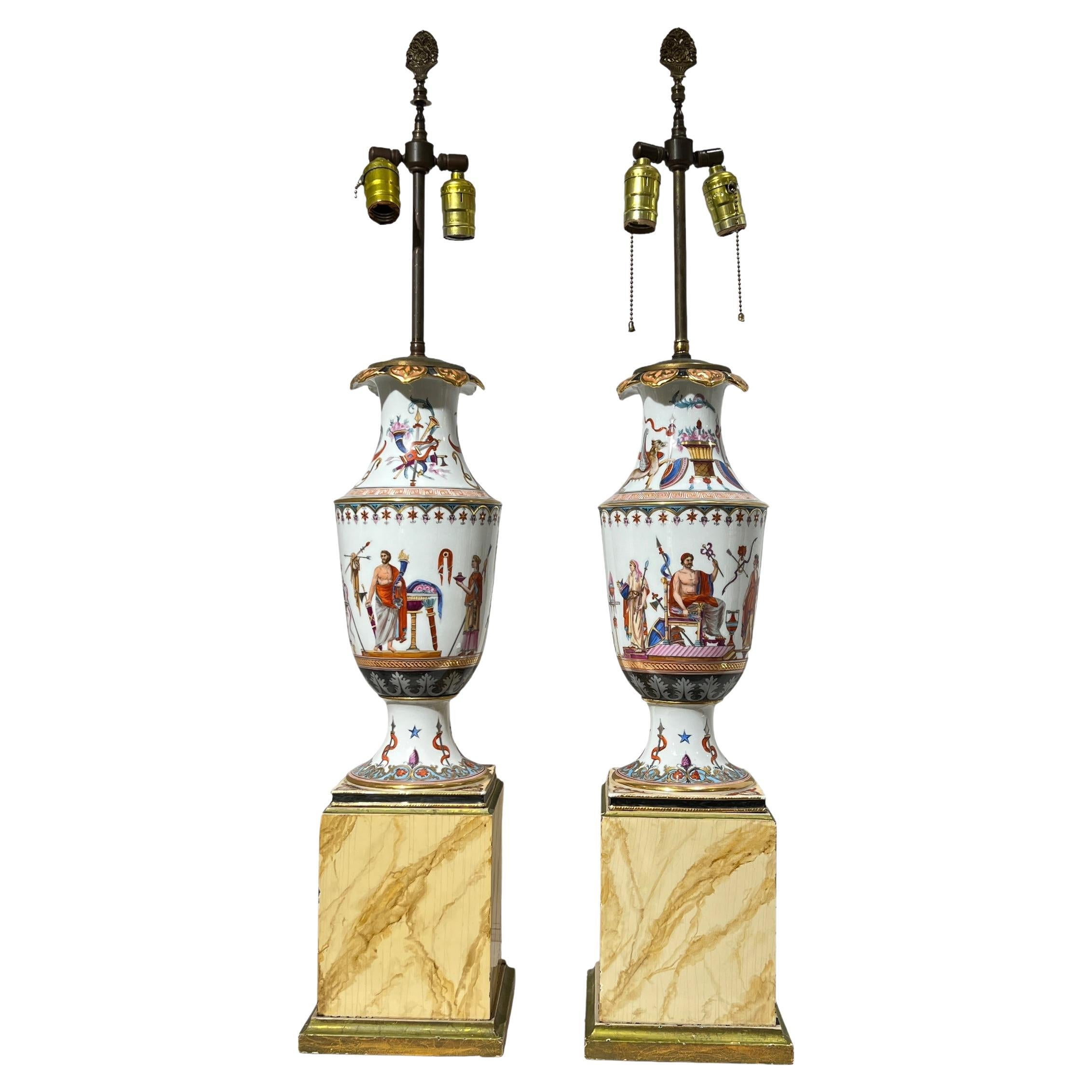 Pair Antique Greek Revival Porcelain Vases Mounted as Table Lamps For Sale