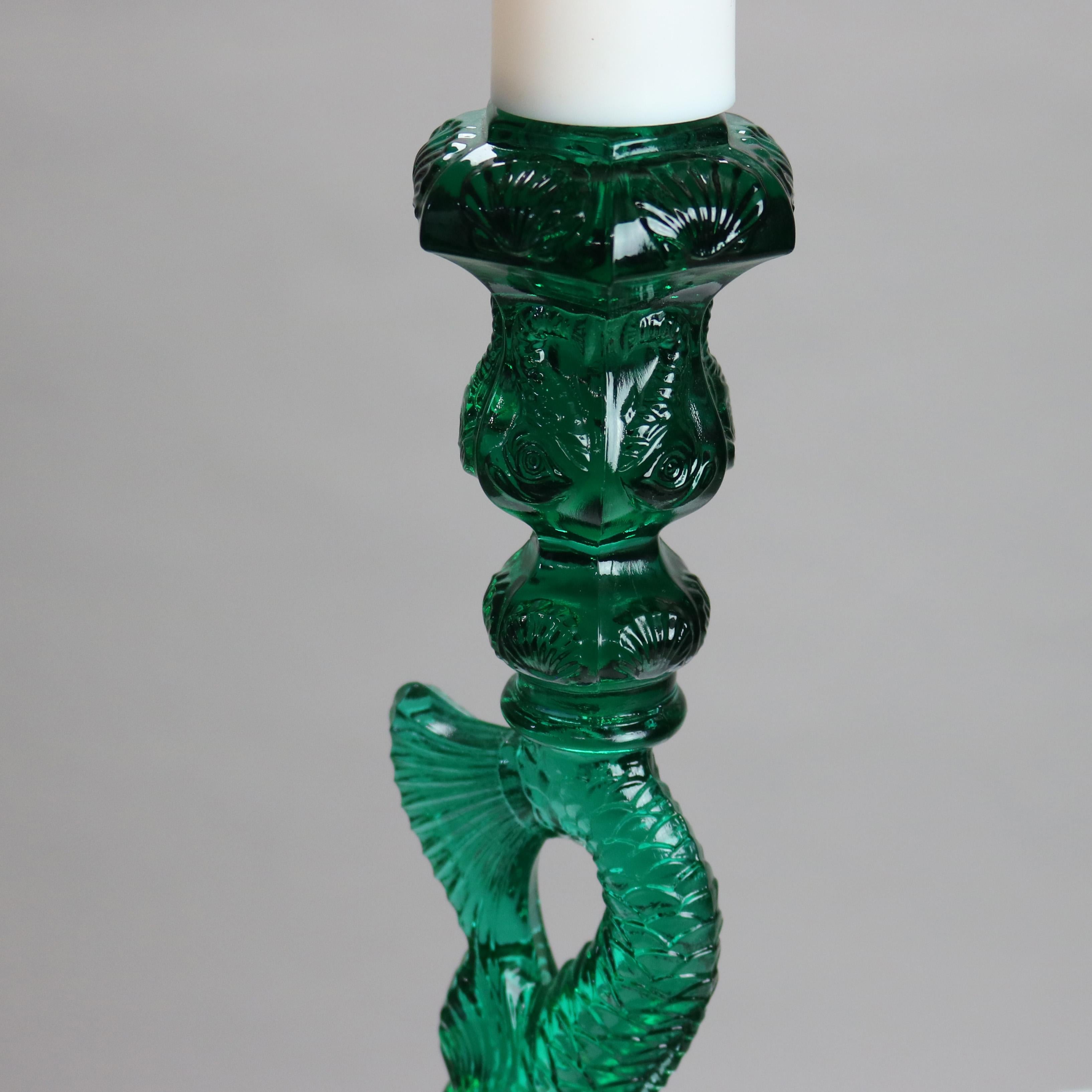 Pair Antique Green Figural Fish MMA Sandwich Glass Candlesticks 20thC 6