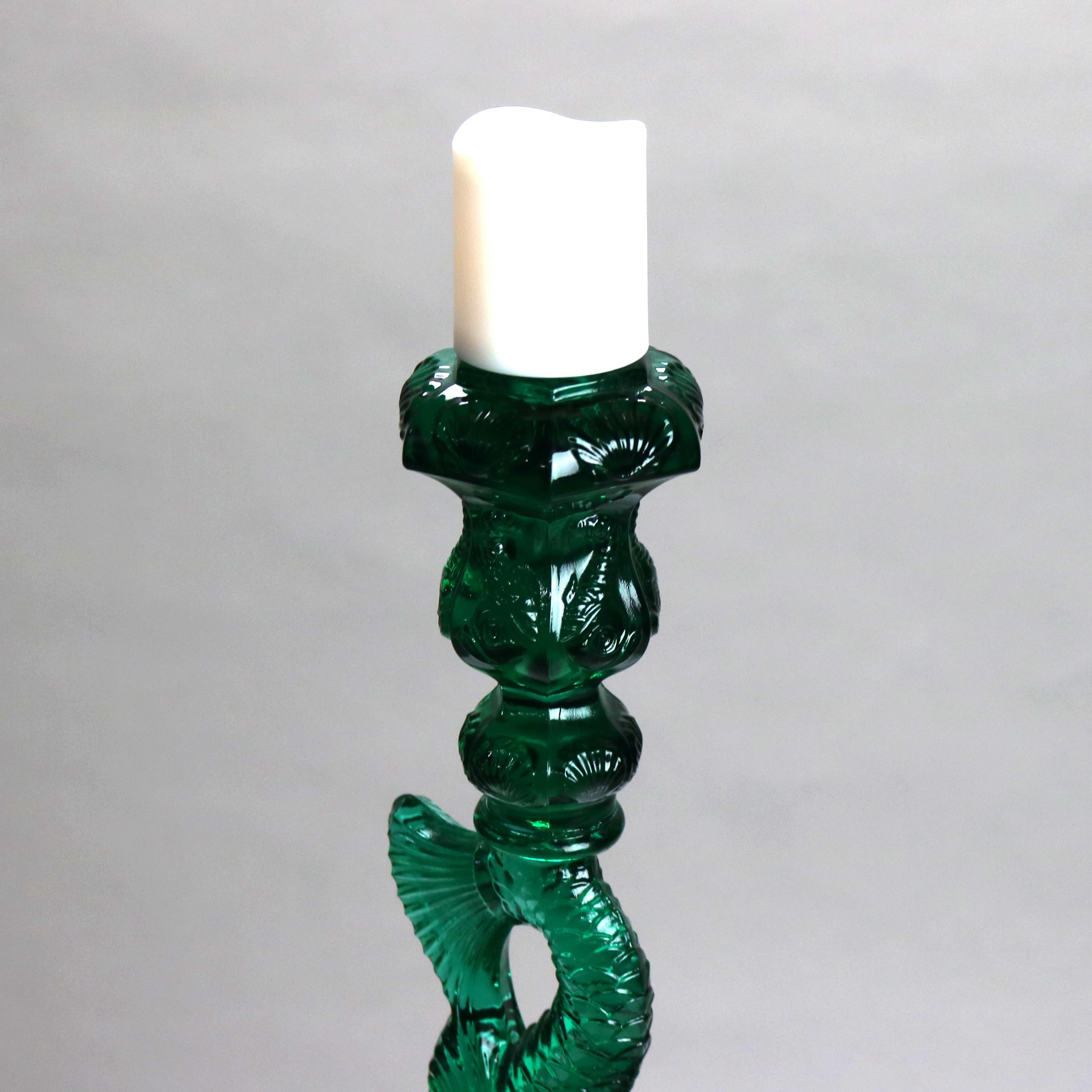 Pair Antique Green Figural Fish MMA Sandwich Glass Candlesticks 20thC 7