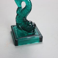 Pair Antique Green Figural Fish MMA Sandwich Glass Candlesticks 20thC