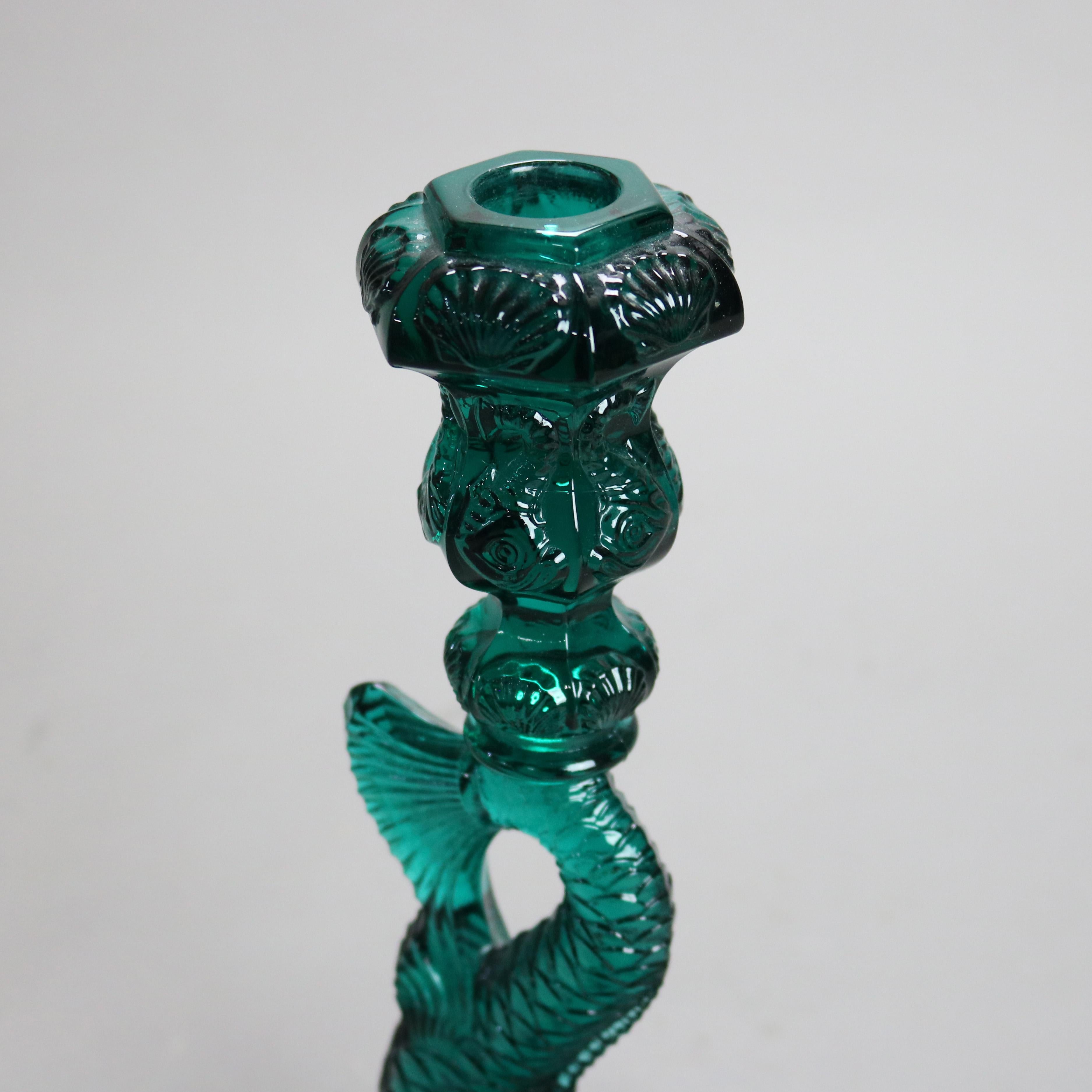 Pair Antique Green Figural Fish MMA Sandwich Glass Candlesticks 20thC In Good Condition In Big Flats, NY