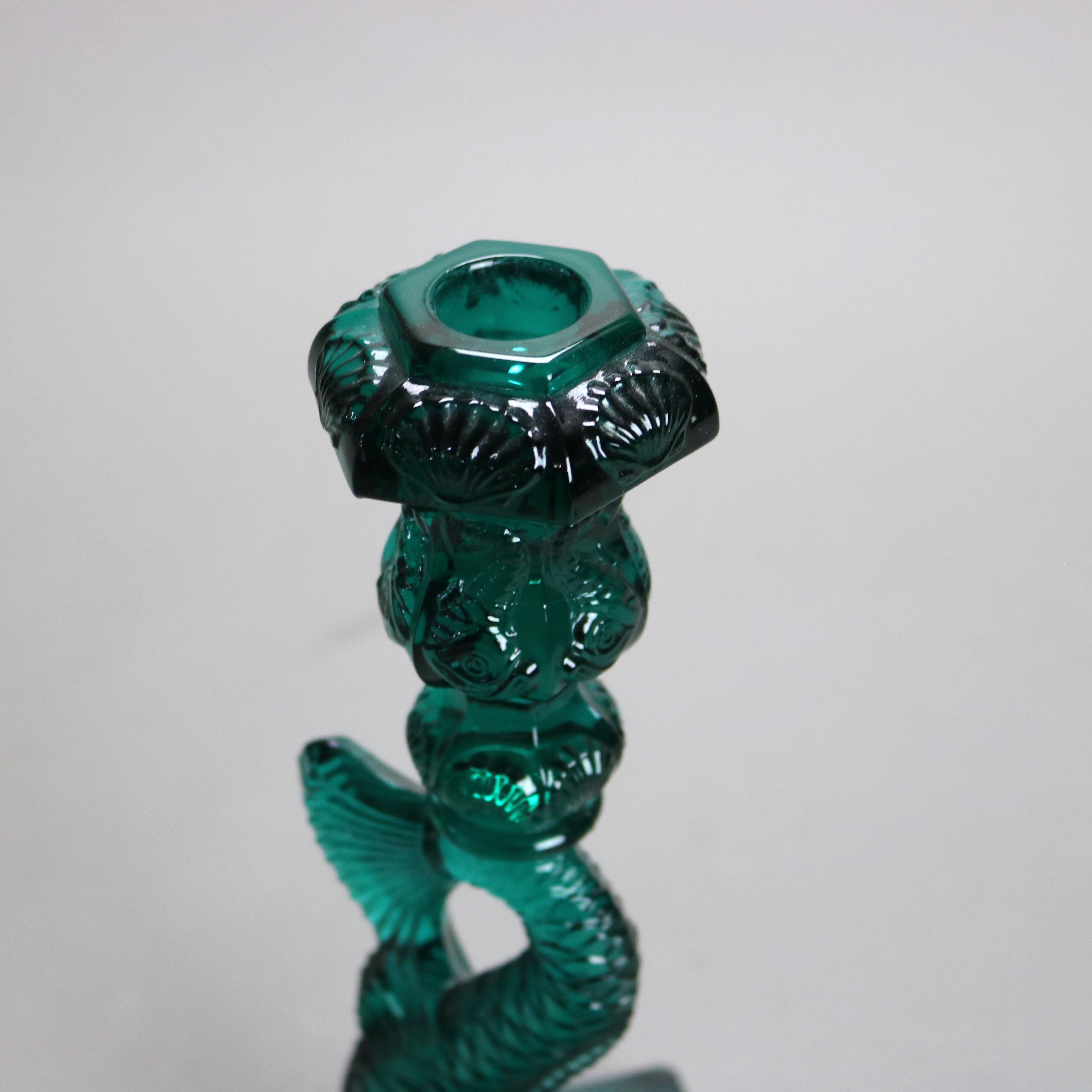 20th Century Pair Antique Green Figural Fish MMA Sandwich Glass Candlesticks 20thC