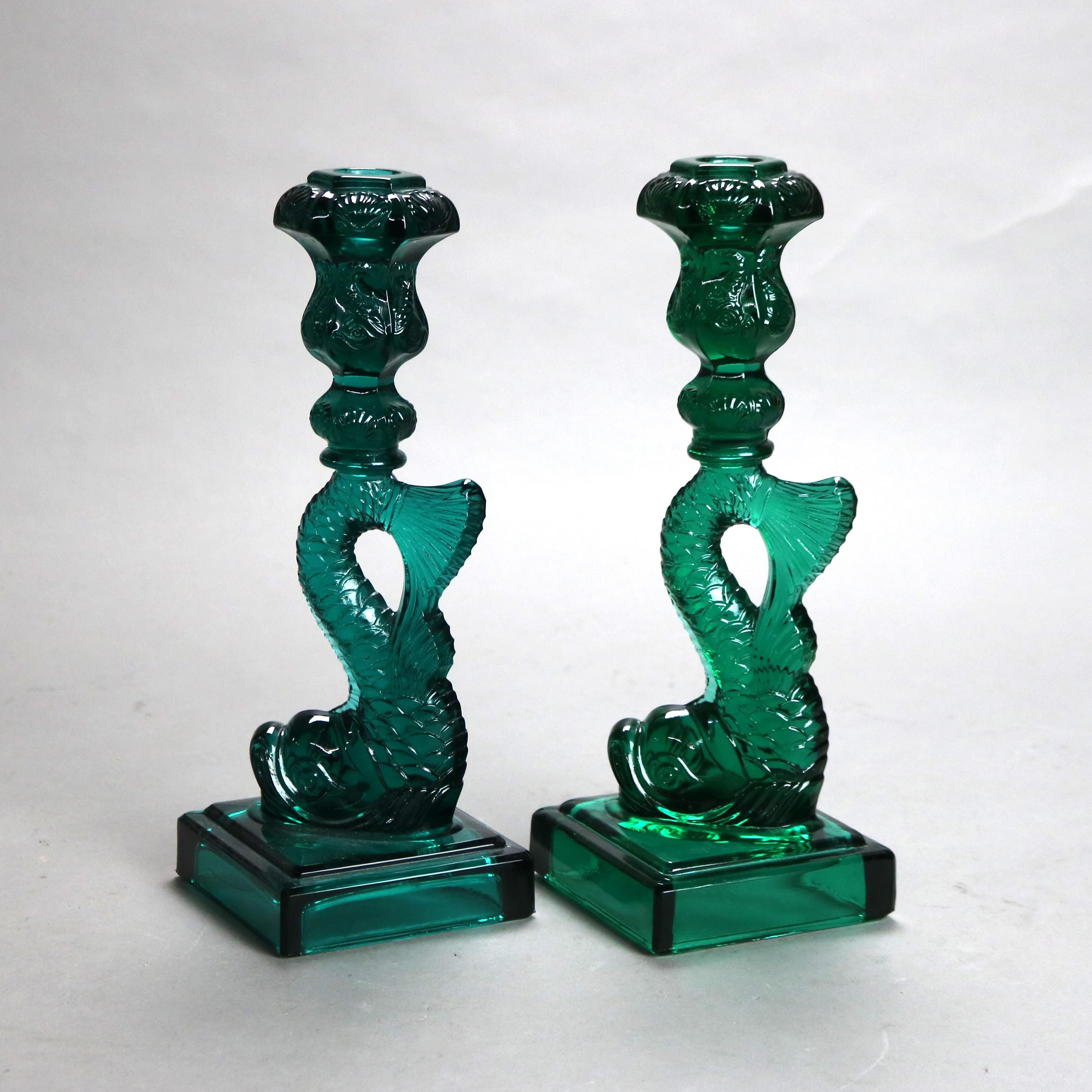 Pair Antique Green Figural Fish MMA Sandwich Glass Candlesticks 20thC 2