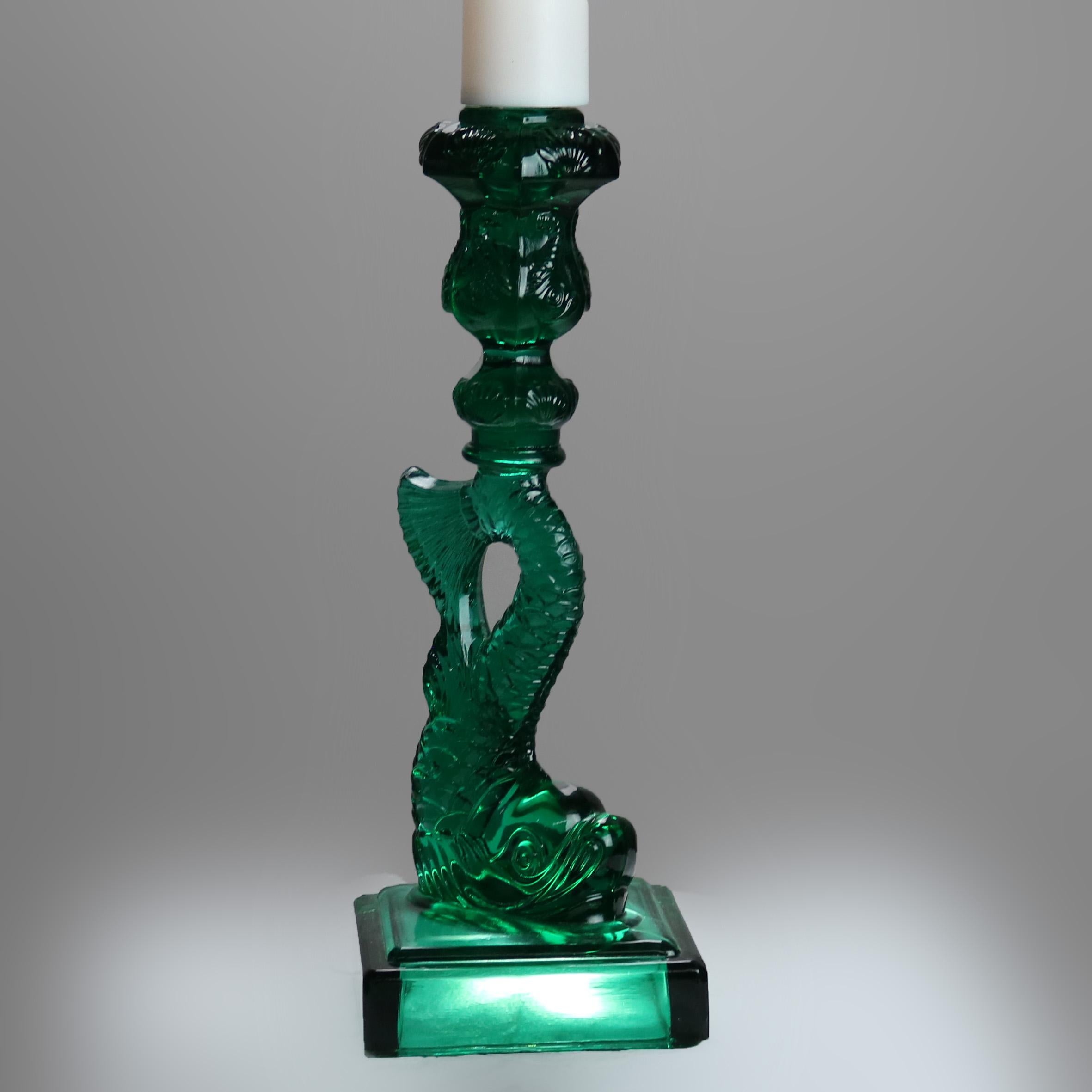 Pair Antique Green Figural Fish MMA Sandwich Glass Candlesticks 20thC 4