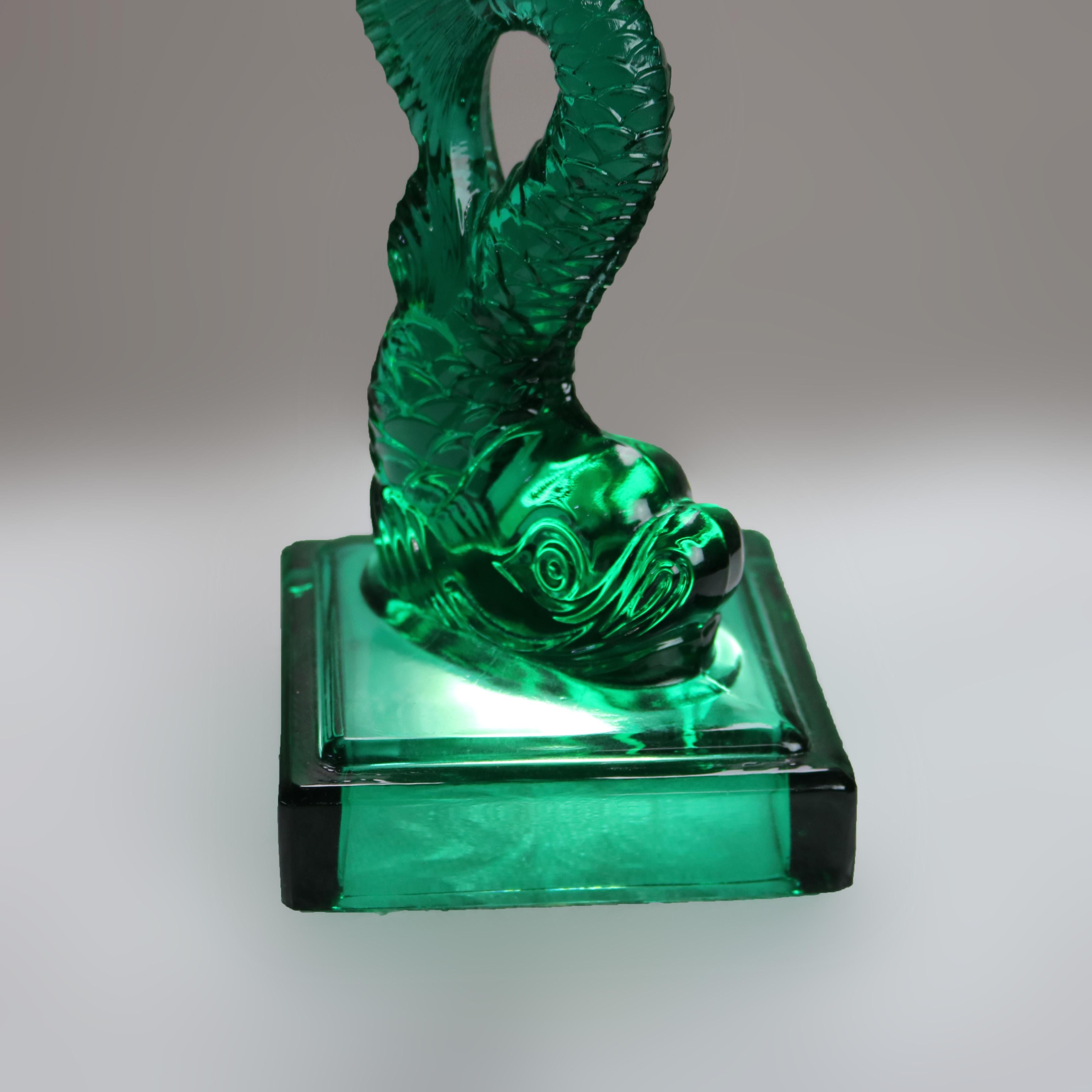 Pair Antique Green Figural Fish MMA Sandwich Glass Candlesticks 20thC 5