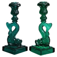 Pair Antique Green Figural Fish MMA Sandwich Glass Candlesticks 20thC