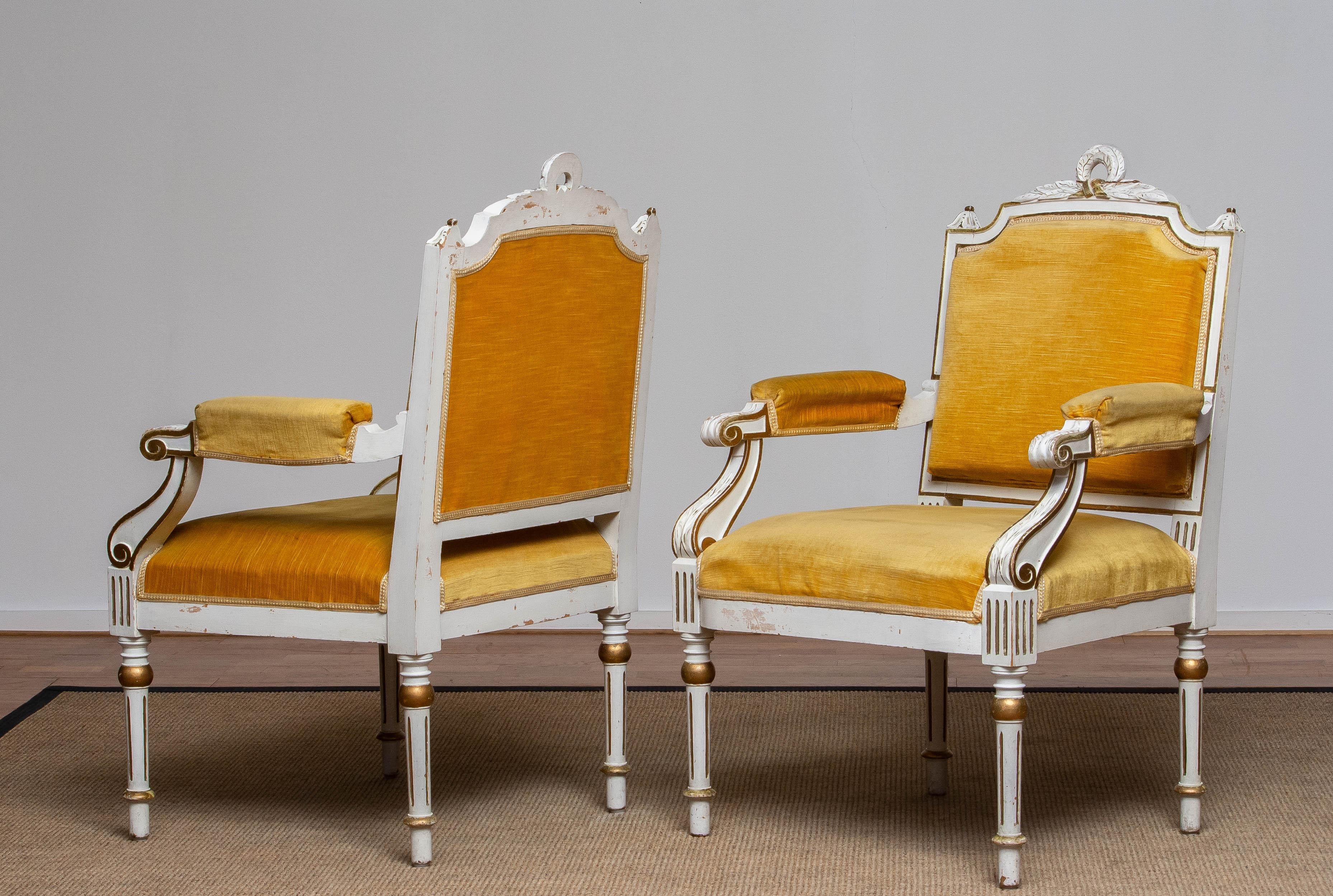 Pair Antique Louis XVI Armchairs White Frame With Golden Velvet Fabric. Sweden For Sale 4