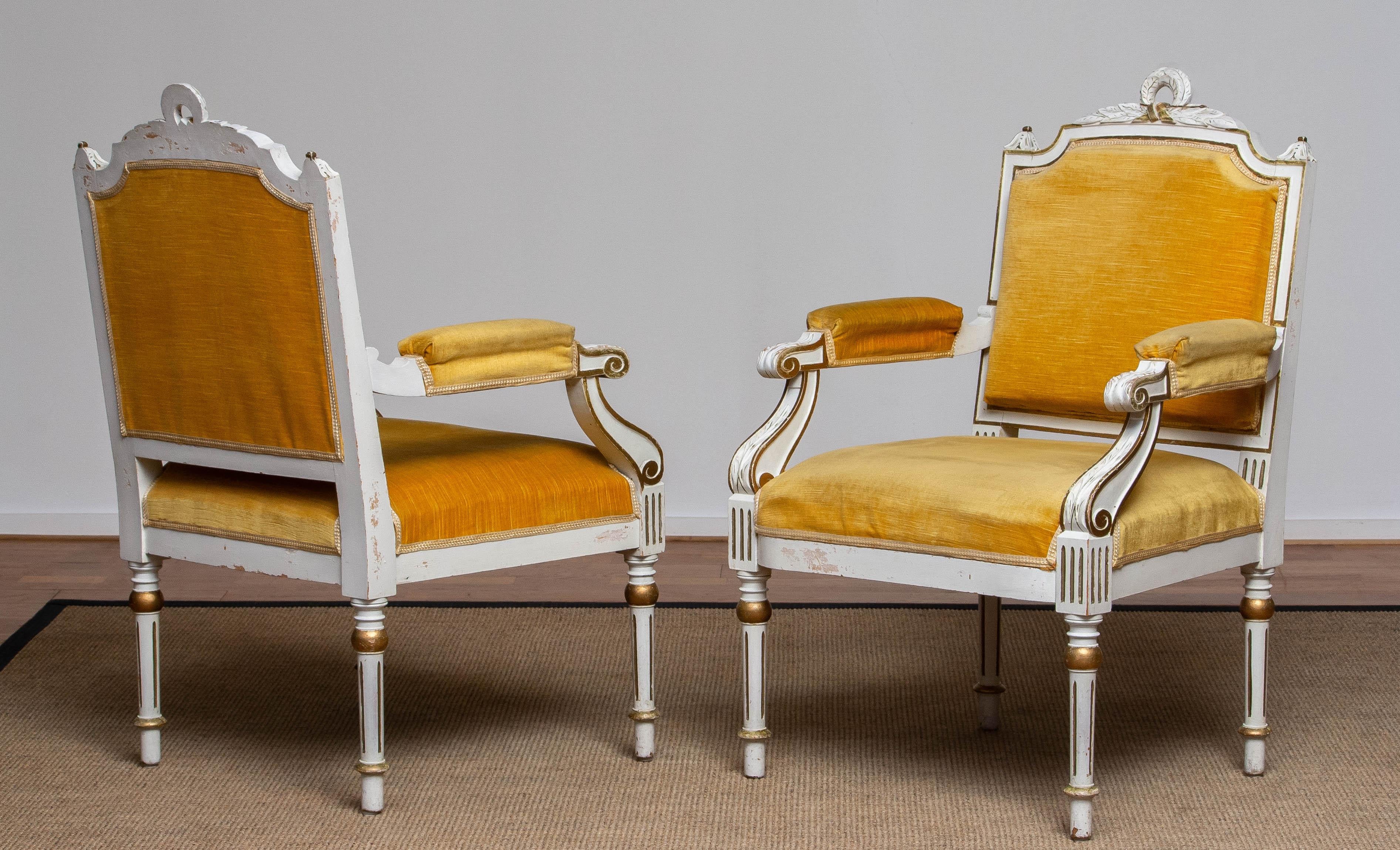 Pair Antique Louis XVI Armchairs White Frame With Golden Velvet Fabric. Sweden For Sale 5