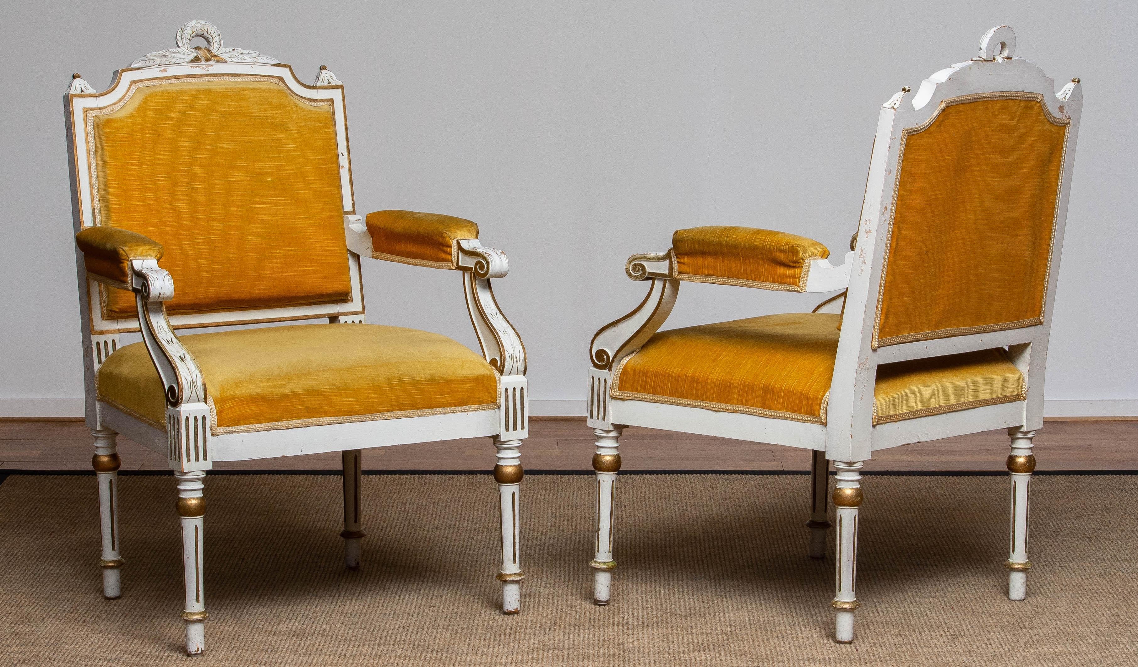 Pair Antique Louis XVI Armchairs White Frame With Golden Velvet Fabric. Sweden For Sale 6