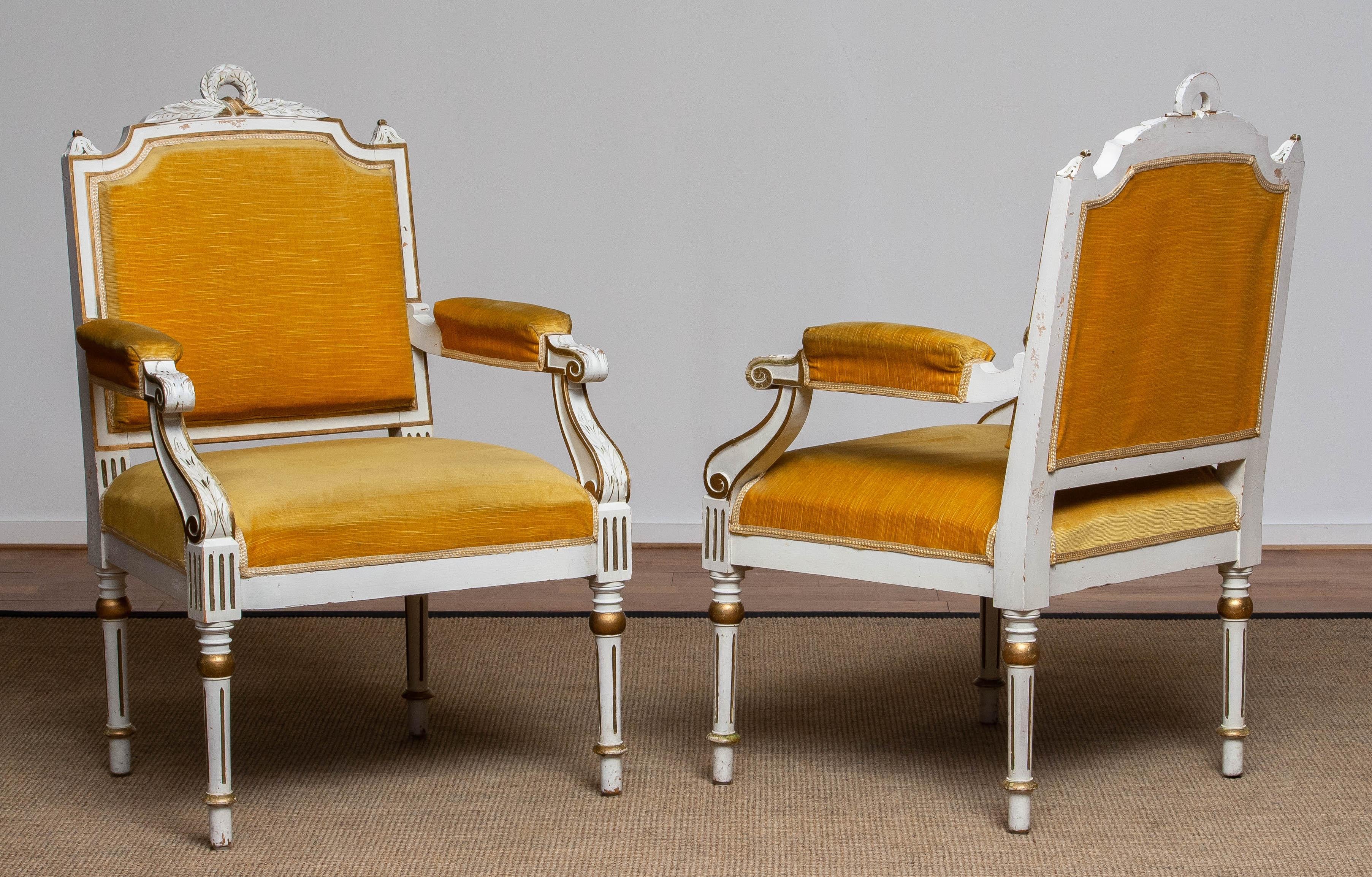 Pair Antique Louis XVI Armchairs White Frame With Golden Velvet Fabric. Sweden For Sale 7