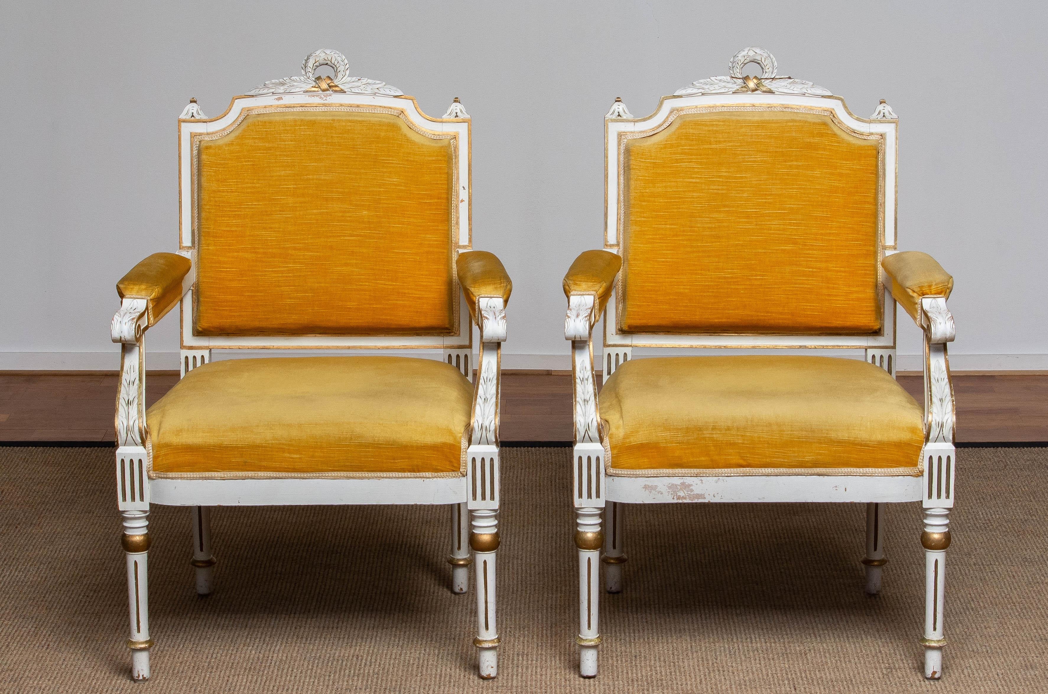 Pair Antique Louis XVI Armchairs White Frame With Golden Velvet Fabric. Sweden For Sale 8