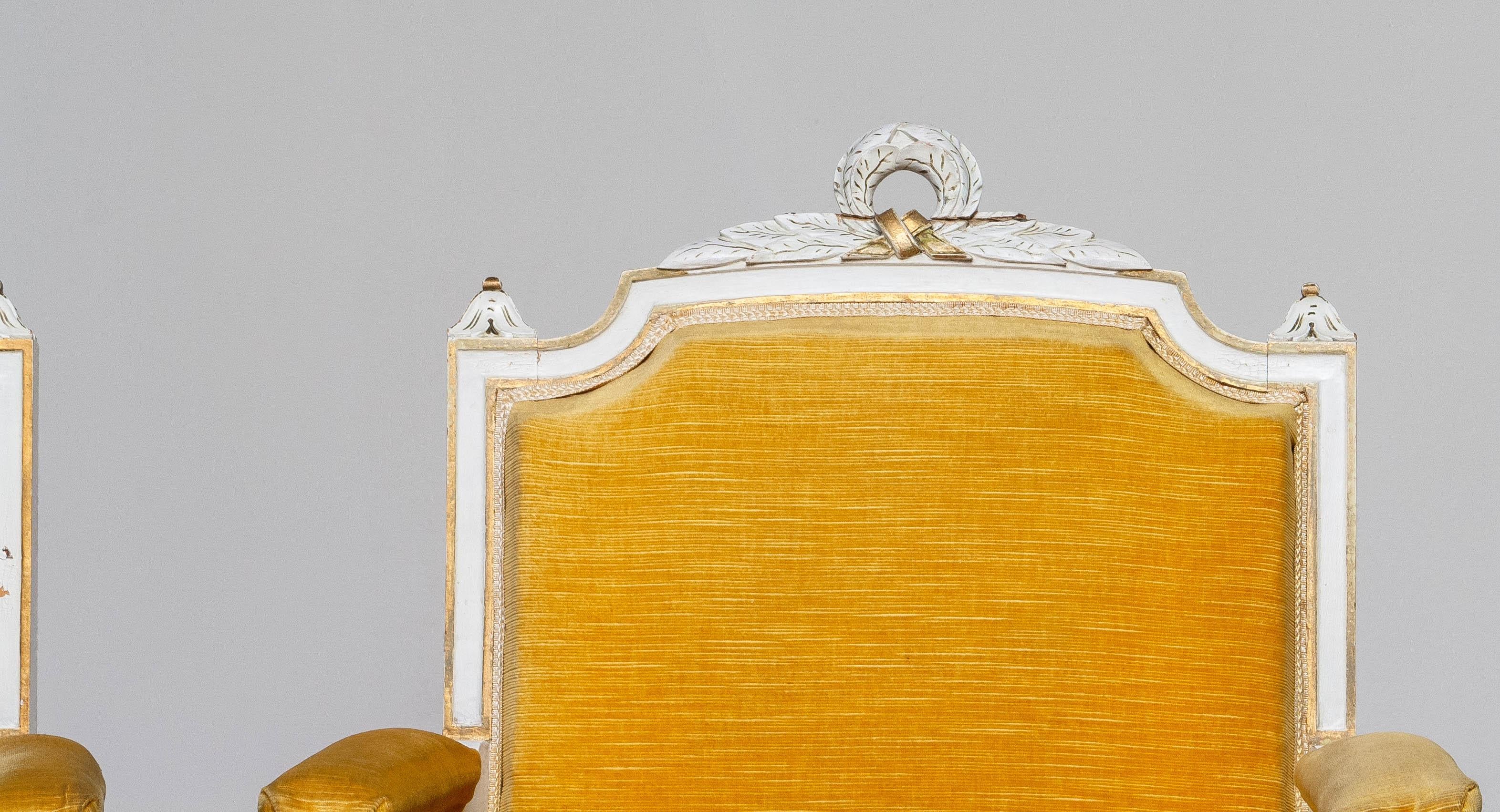 Pair Antique Louis XVI Armchairs White Frame With Golden Velvet Fabric. Sweden For Sale 9