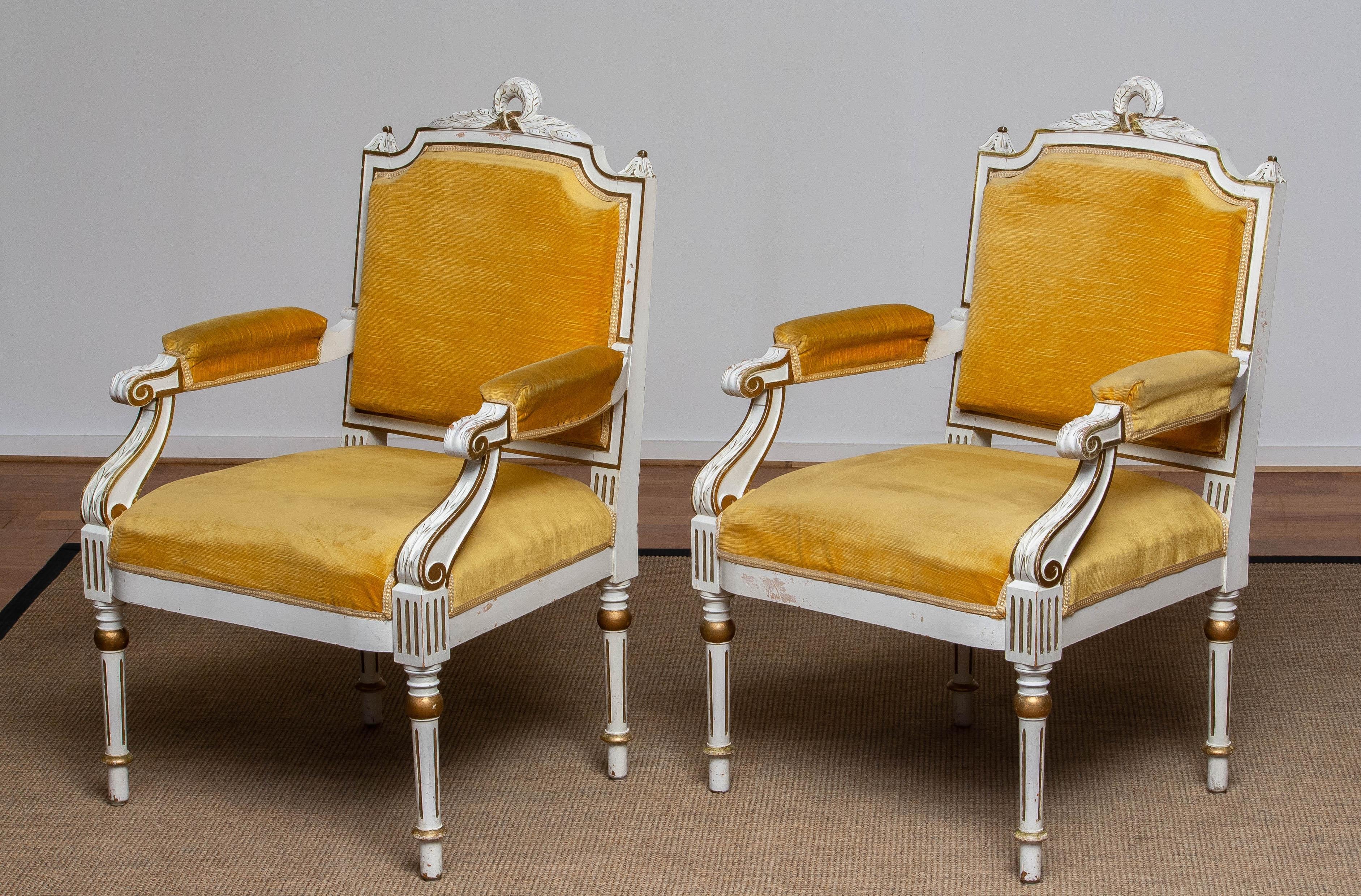 Pair Antique Louis XVI Armchairs White Frame With Golden Velvet Fabric. Sweden For Sale 10