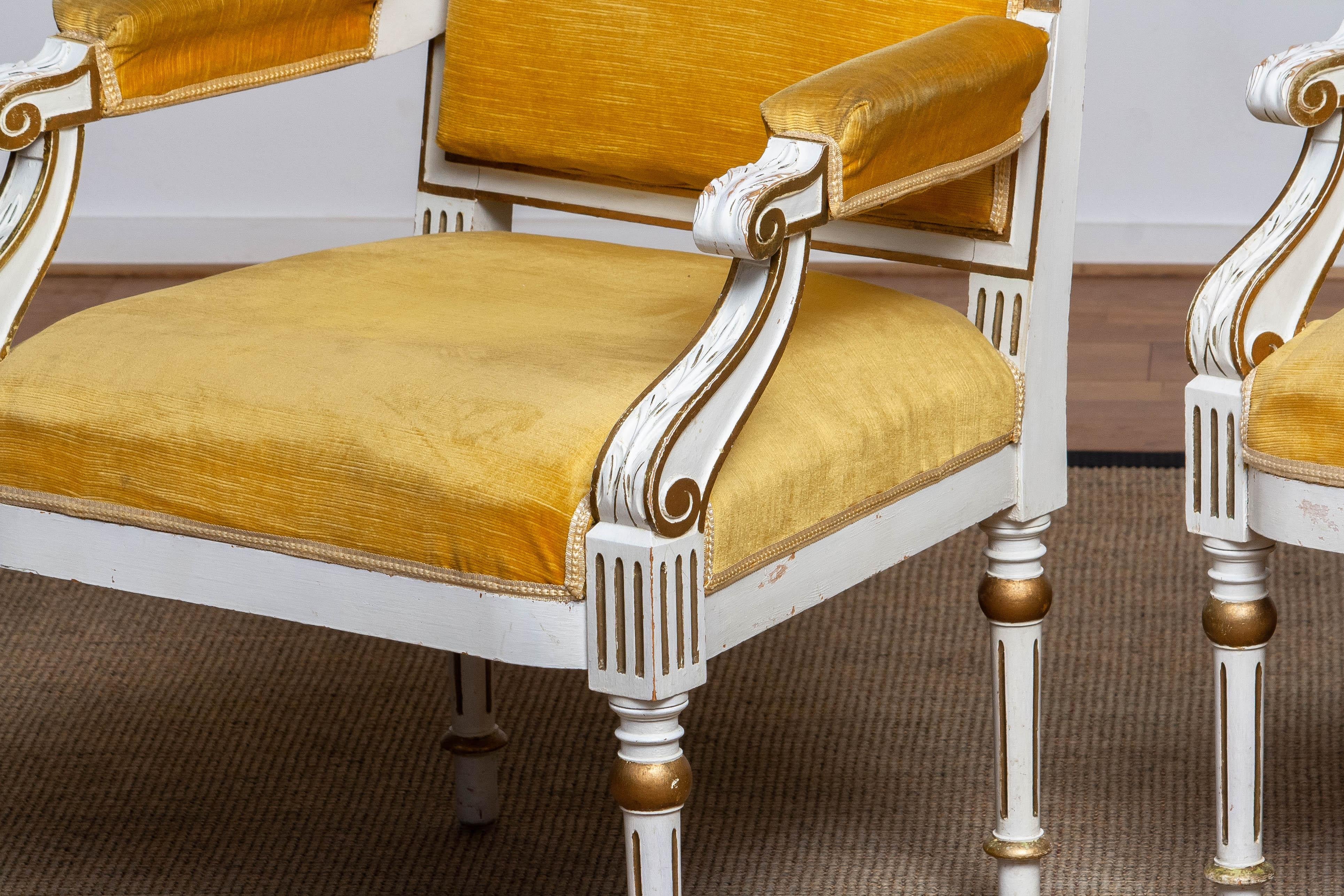 18th Century and Earlier Pair Antique Louis XVI Armchairs White Frame With Golden Velvet Fabric. Sweden For Sale