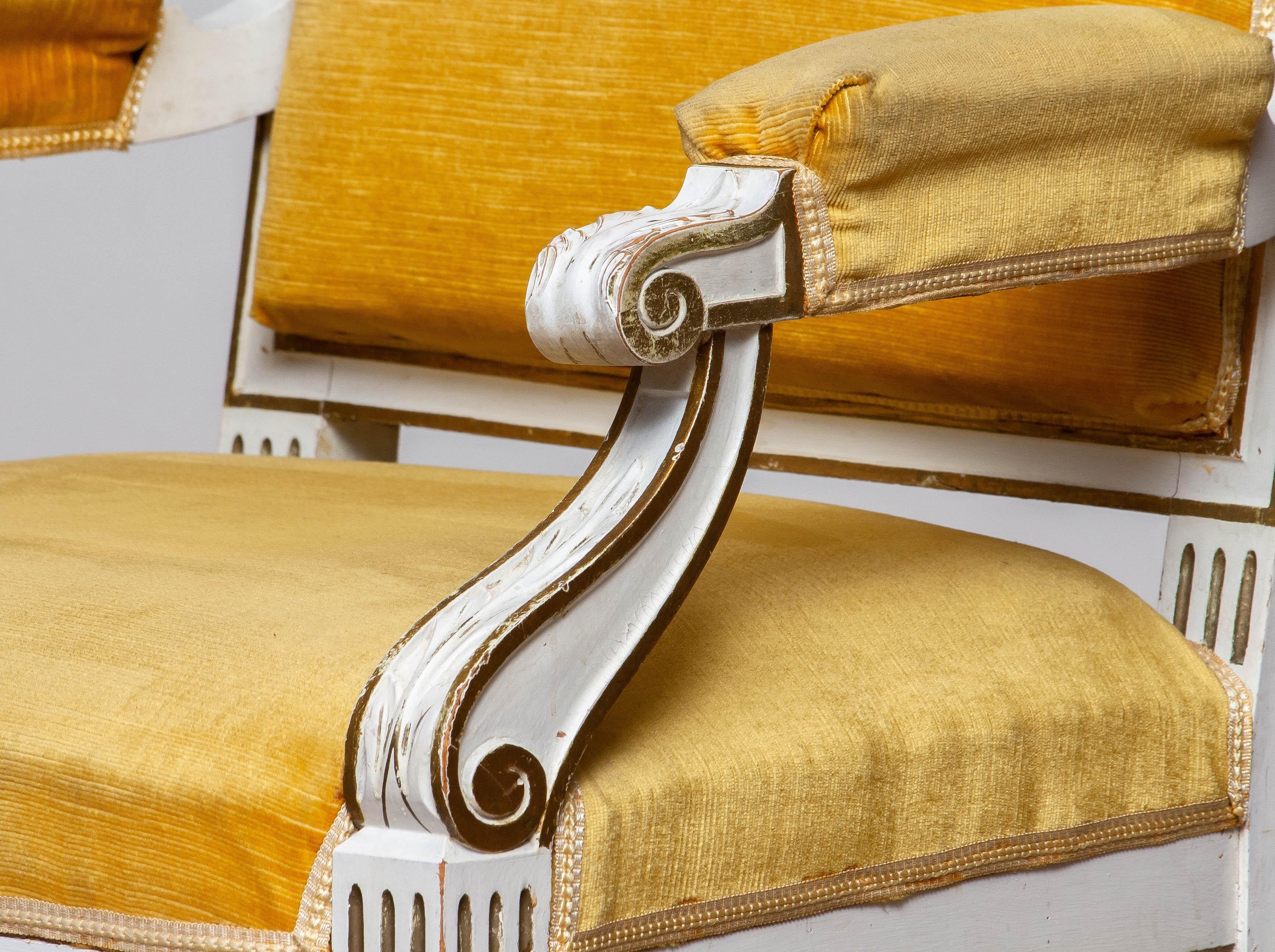 Pair Antique Louis XVI Armchairs White Frame With Golden Velvet Fabric. Sweden For Sale 2