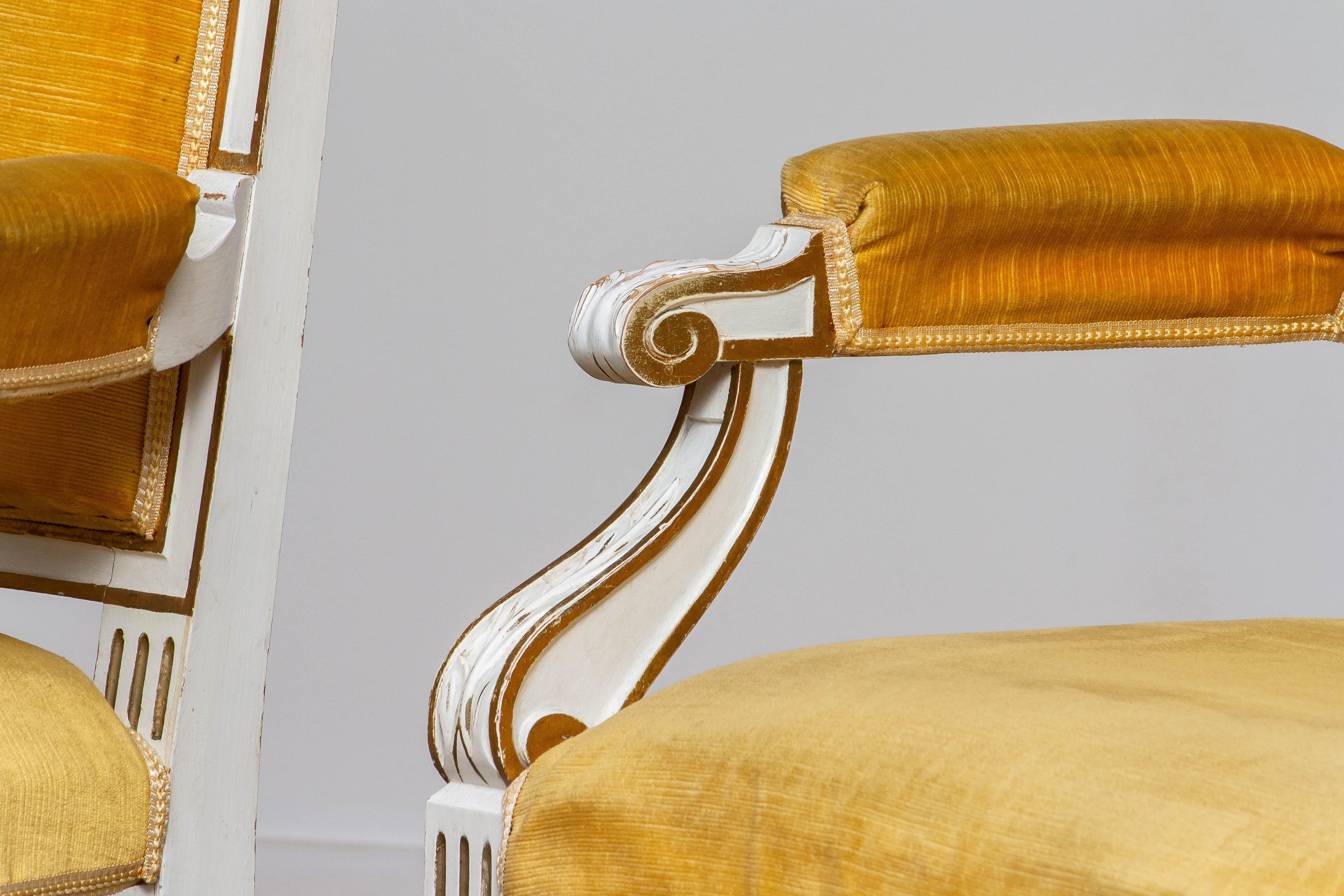 Pair Antique Louis XVI Armchairs White Frame With Golden Velvet Fabric. Sweden For Sale 3