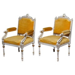 Pair Antique Louis XVI Armchairs White Frame With Golden Velvet Fabric. Sweden