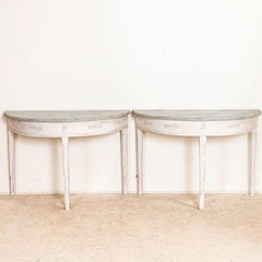 Pair, Antique Gustavian Gray Painted Demi Lune Side Tables with Faux Blue Painte