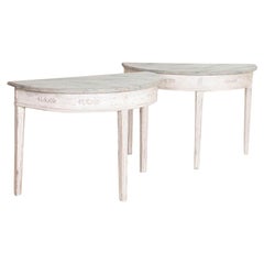 Pair, Antique Gustavian Gray Painted Demi Lune Side Tables with Faux Blue Painte
