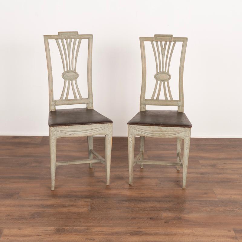 Swedish Pair, Antique Gustavian Original Painted Side Chairs with Wheat Carving from Swe