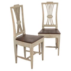 Pair, Antique Gustavian Original Painted Side Chairs with Wheat Carving from Swe
