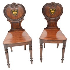 Pair Antique Hall Chairs Mahogany Stately Home Crest