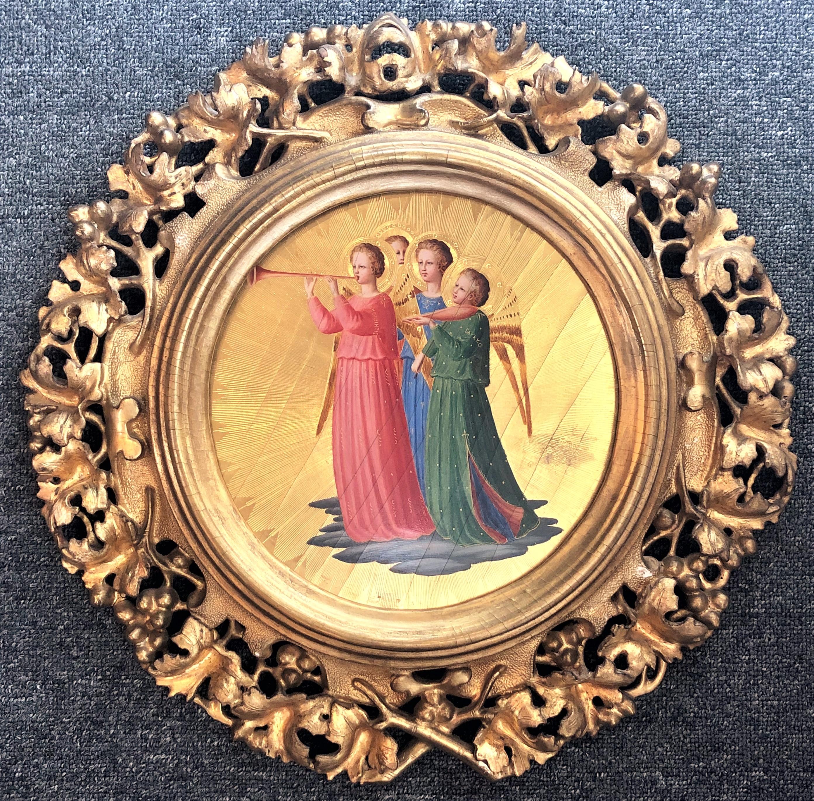 Pair of antique hand carved giltwood Venetian icons painting, 
