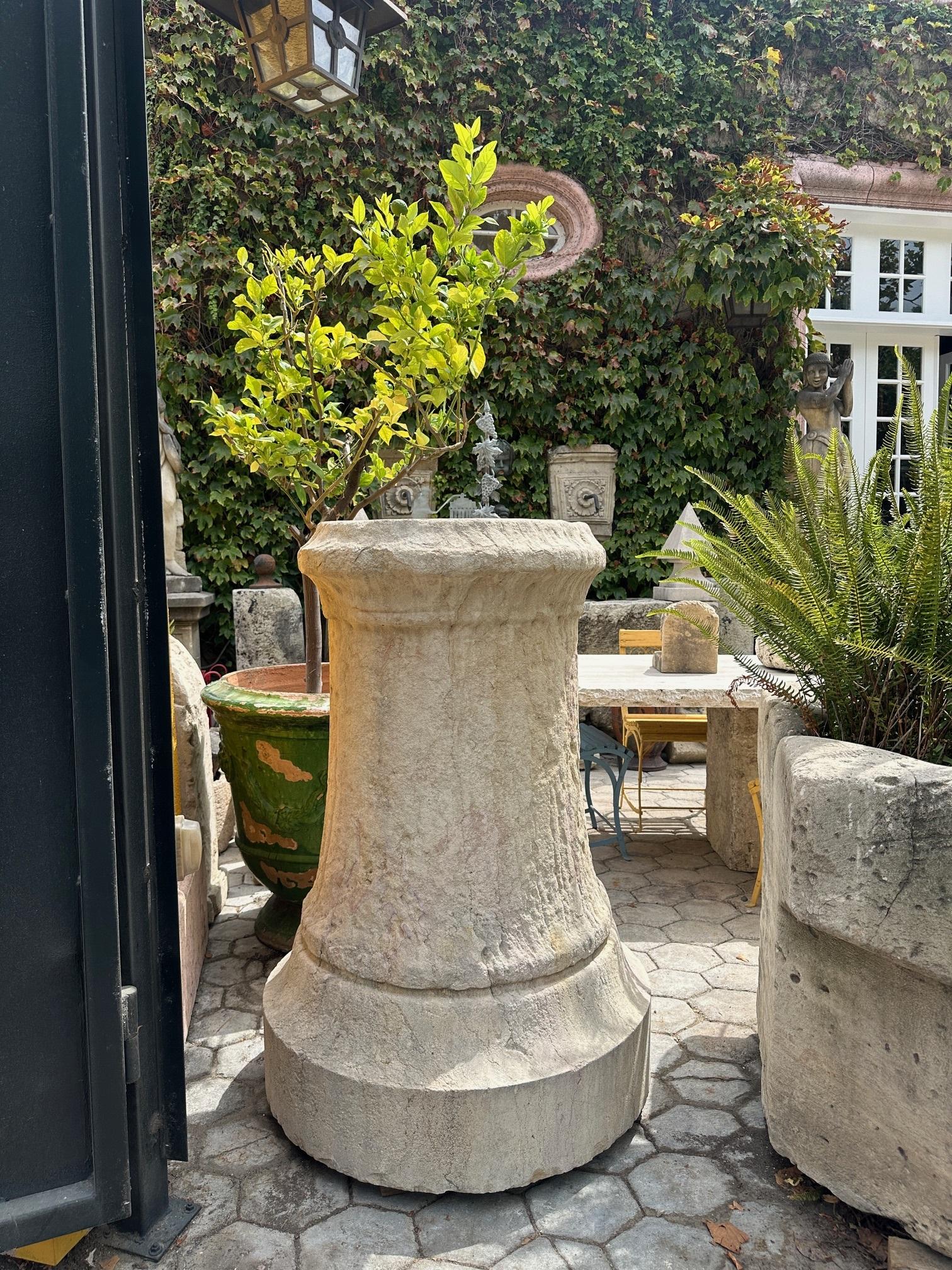 Pair Antique Hand Carved Stone Pillars Columns Posts Base Architectural Pedestal. Rare Gigantic Approx 3500 to 4000 Lbs. Each of 18th century nicely hand carved stone entry pillars entryway columns with a carved round base.

Could be used separately