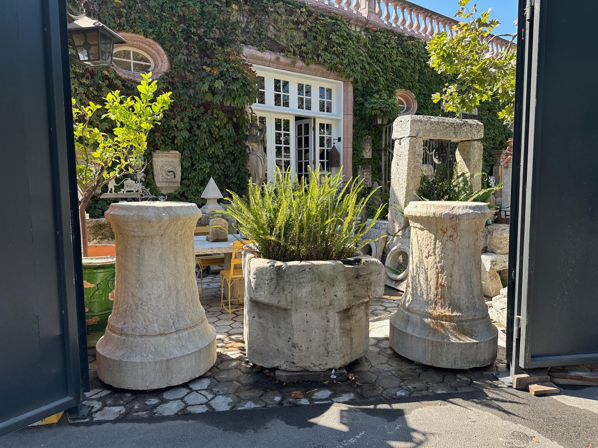Hand-Carved Pair Antique Hand Carved Stone Pillars Columns Posts Base Architectural Pedestal For Sale