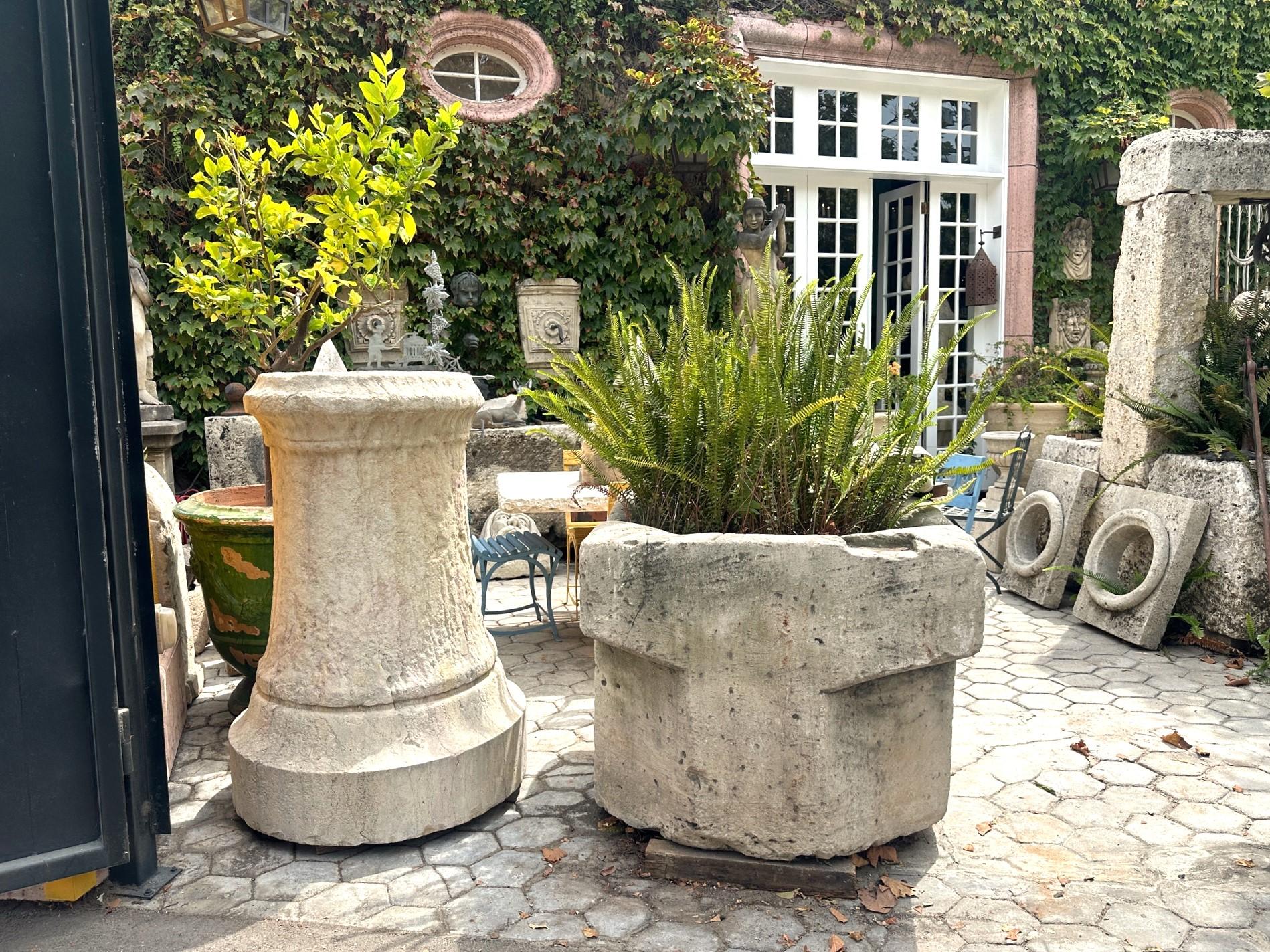 Pair Antique Hand Carved Stone Pillars Columns Posts Base Architectural Pedestal In Fair Condition For Sale In West Hollywood, CA