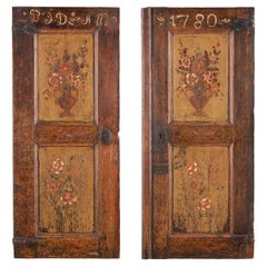 Pair, Antique Hand Painted Decorative Wood Panels with Flowers Dated 1780