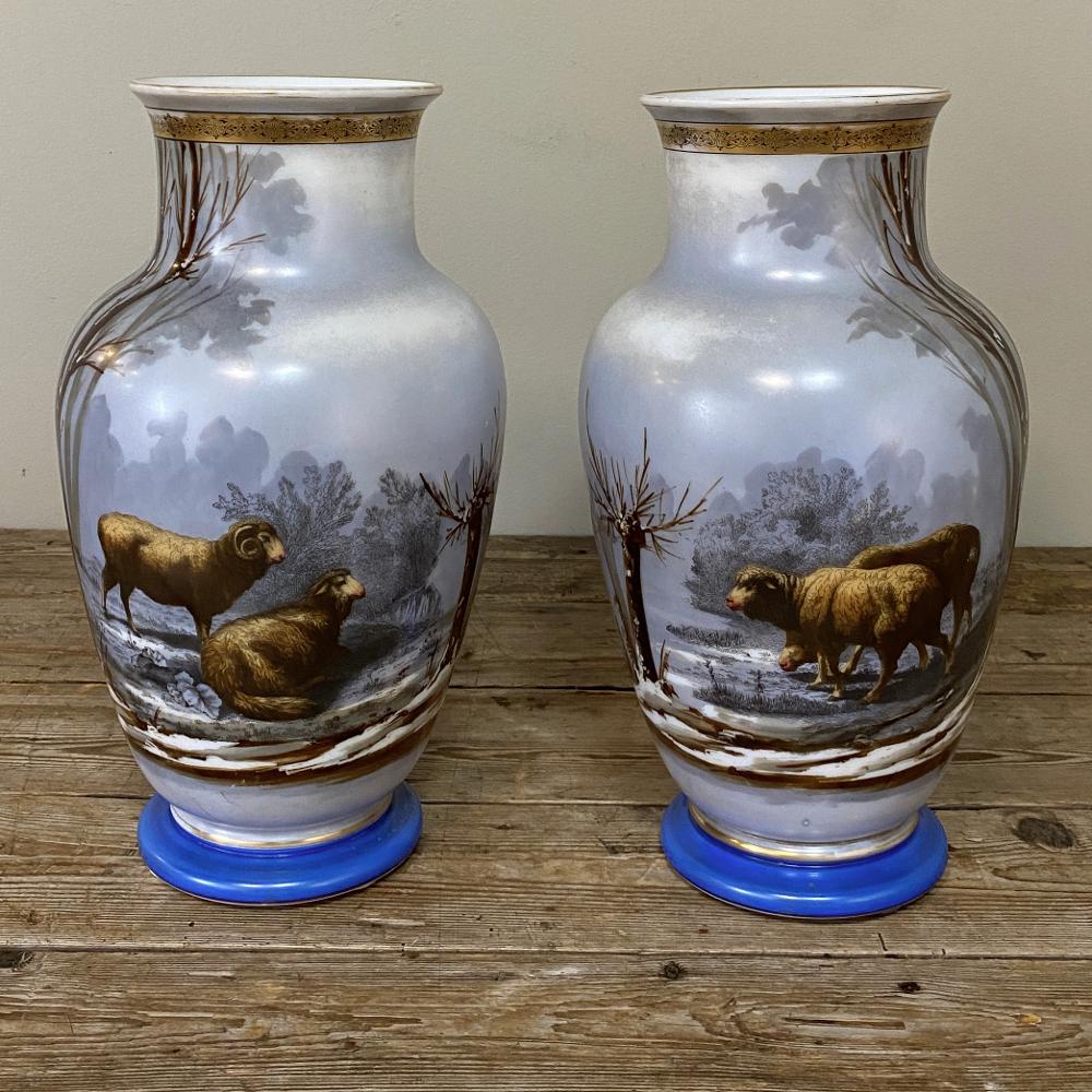 French Pair of Antique Hand Painted Opaline Vases For Sale