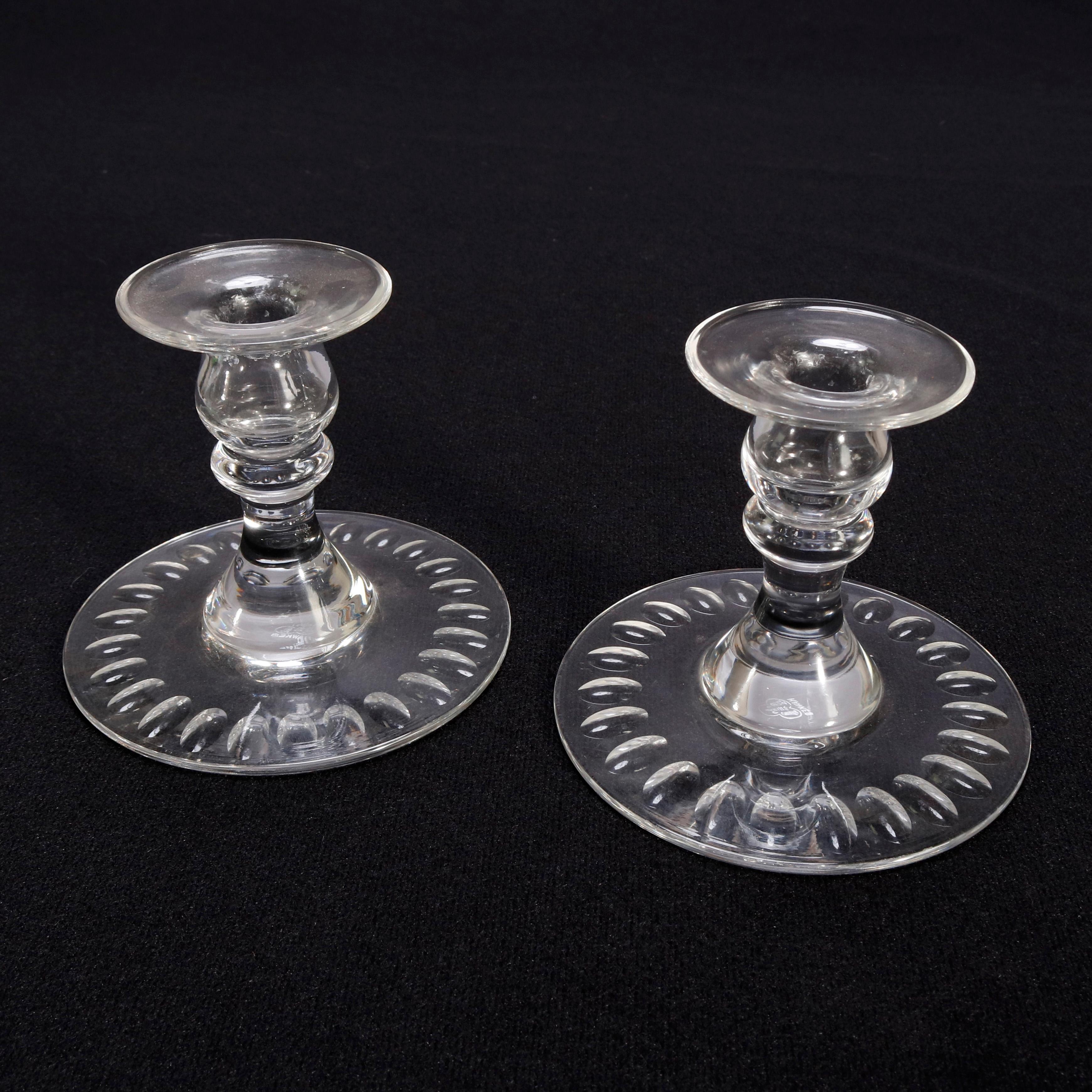 American Pair of Antique Hawkes Cut Crystal Thumbprint Candlesticks, Signed, 20th Century