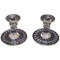 Pair of Antique Hawkes Cut Crystal Thumbprint Candlesticks, Signed, 20th Century