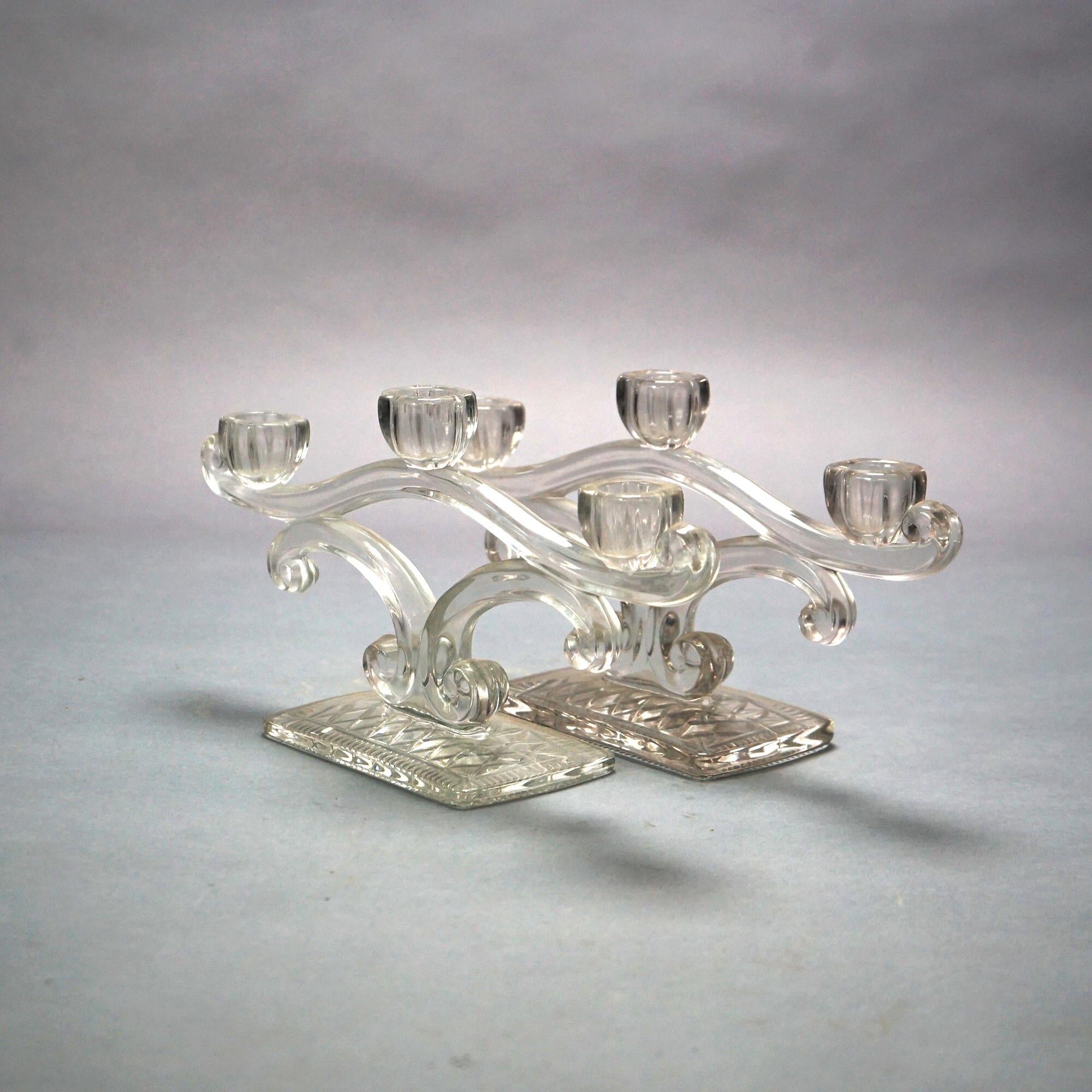 Pair Antique Hawkes School Three-Candle Glass Scroll Form Candelabra C1920 For Sale 3