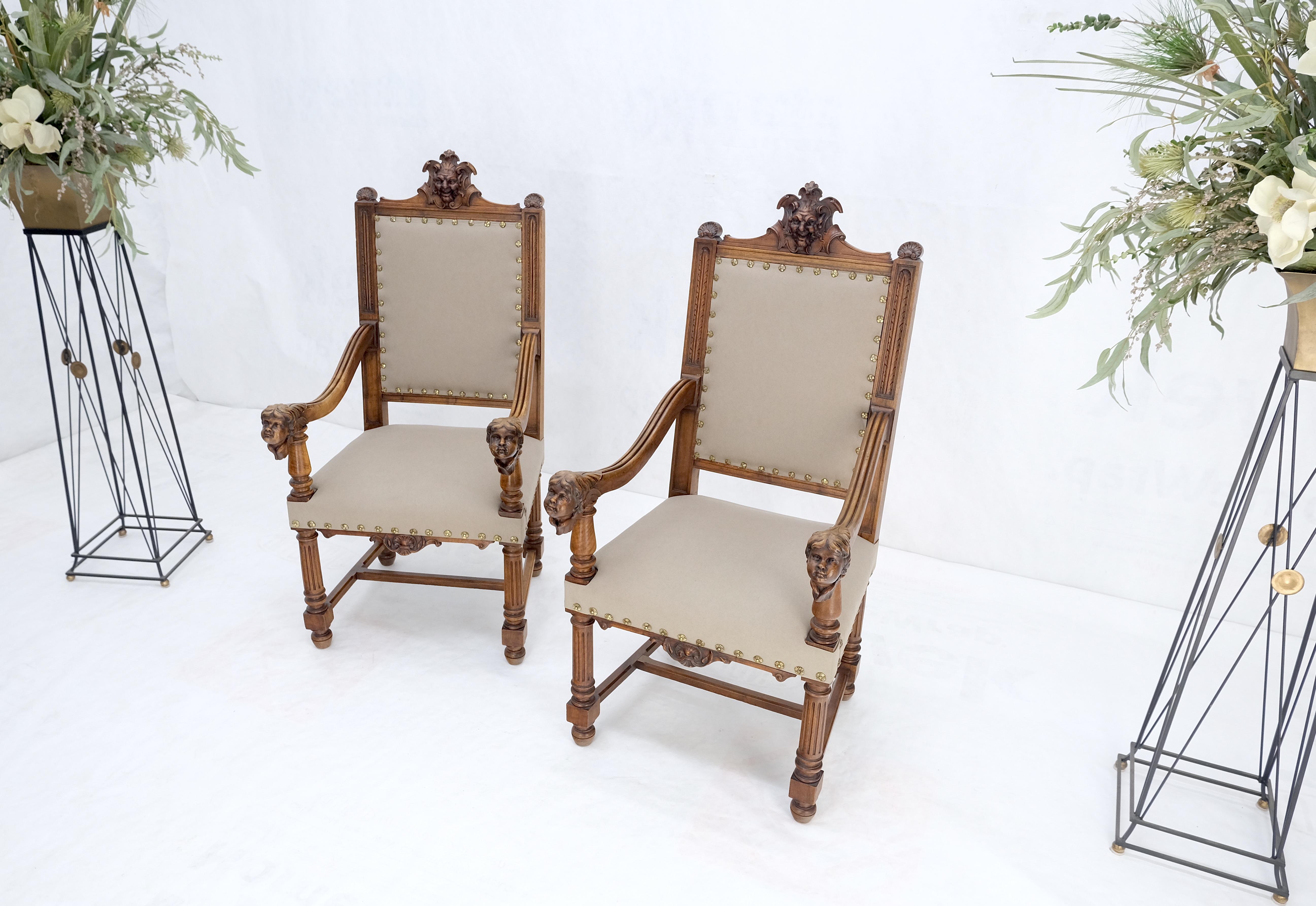 Pair Antique Heavily Carved Walnut Cherub North Wind Faces Arm Chairs New Uphols For Sale 3