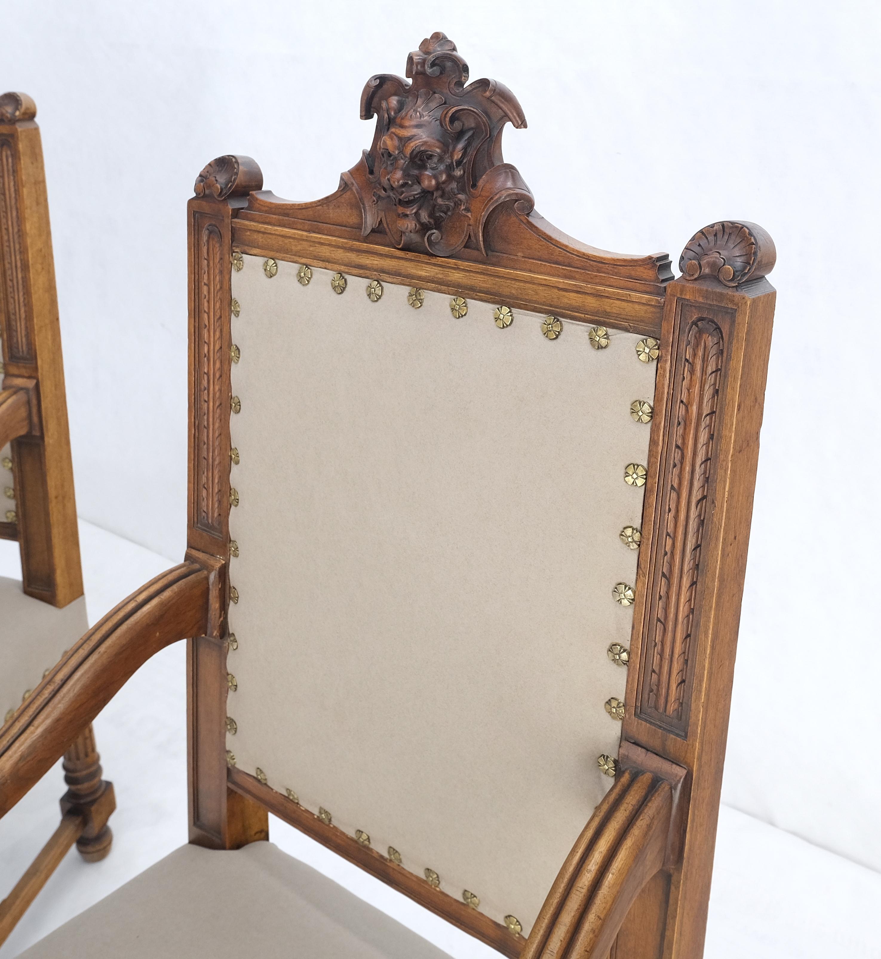Pair Antique Heavily Carved Walnut Cherub North Wind Faces Arm Chairs New Uphols For Sale 4