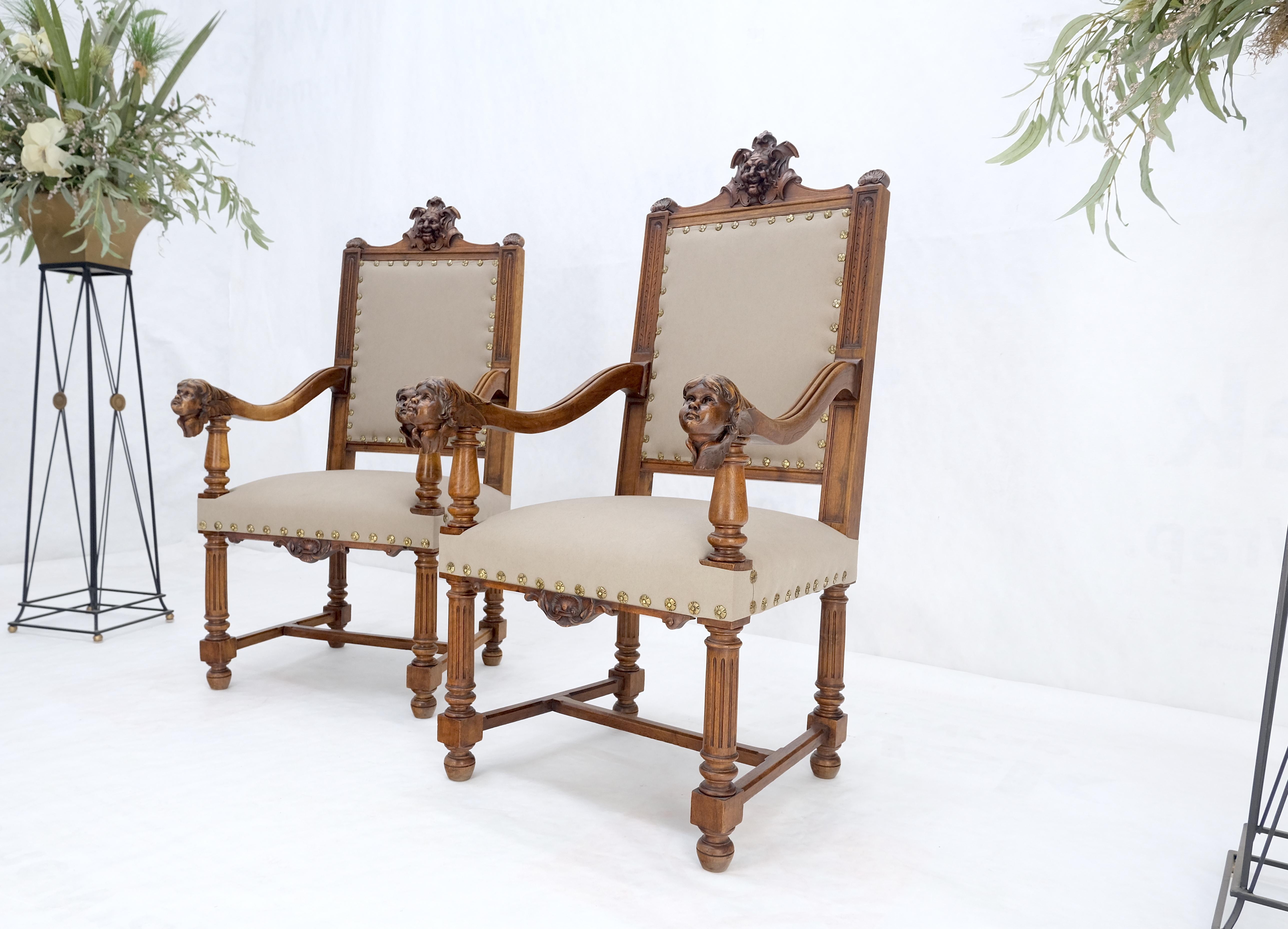 Pair Antique Heavily Carved Walnut Cherub North Wind Faces Arm Chairs New Uphols For Sale 5