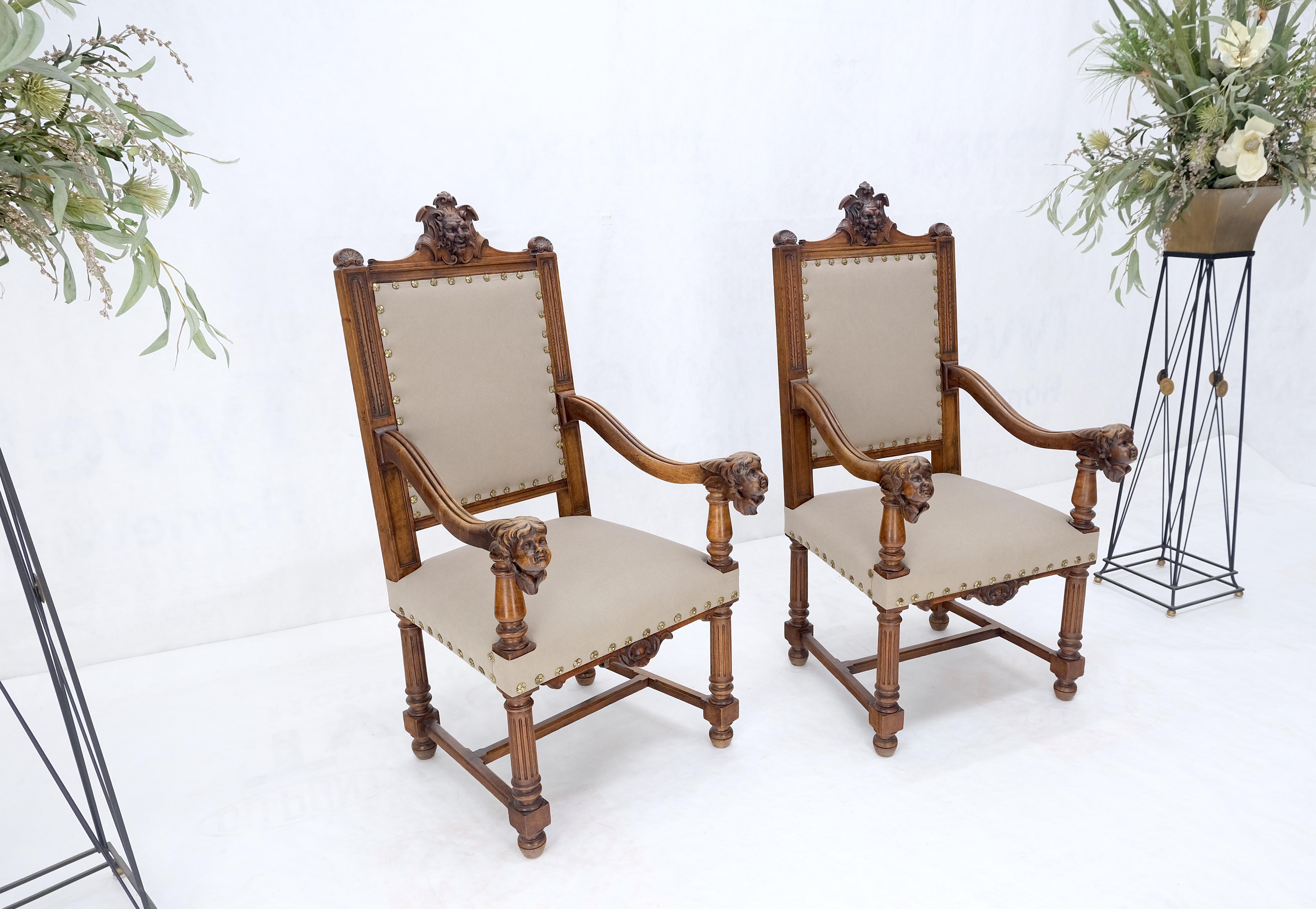 Pair Antique Heavily Carved Walnut Cherub North Wind Faces Arm Chairs New Uphols For Sale 7