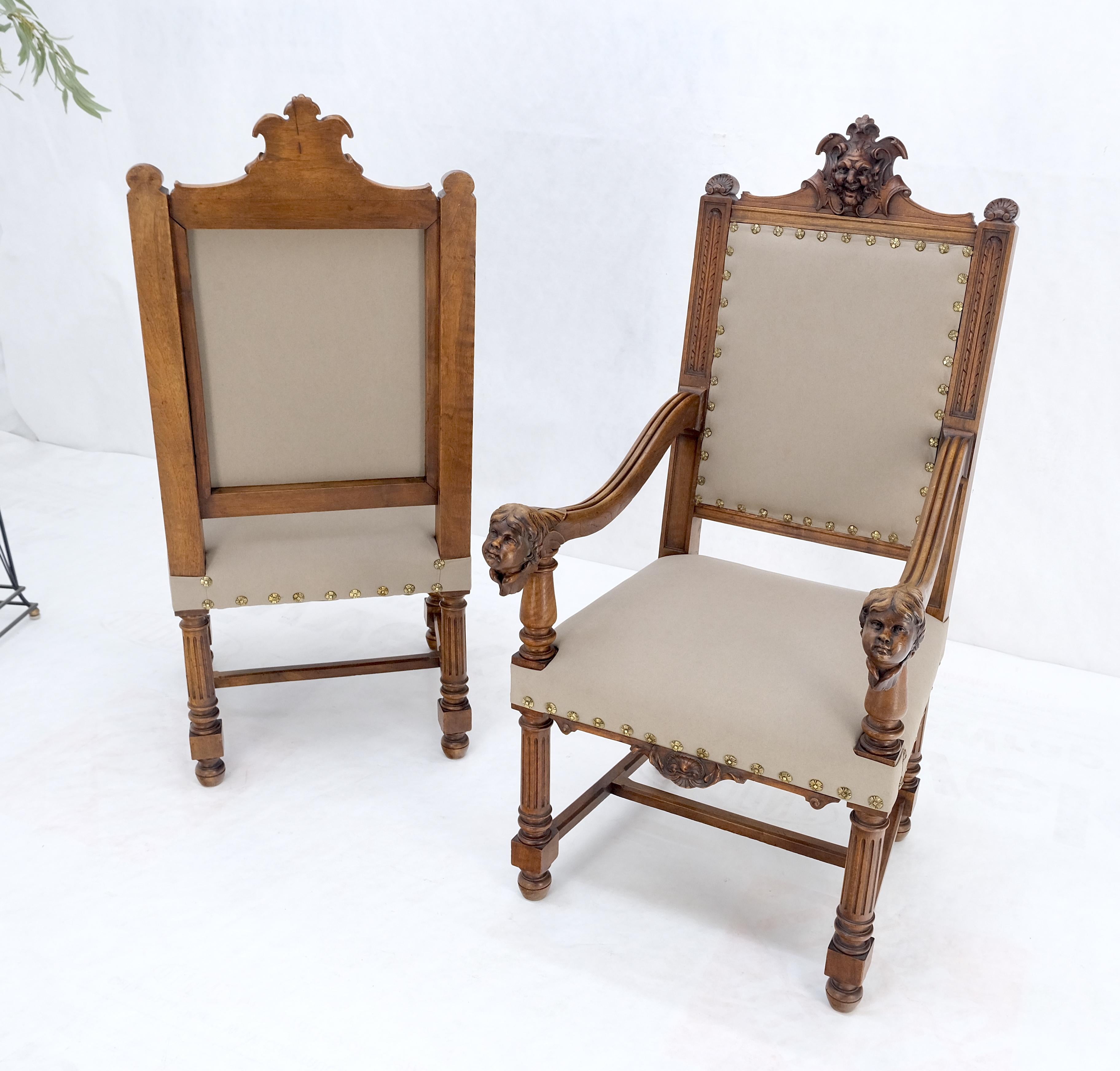 Pair Antique Heavily Carved Walnut Cherub North Wind Faces Arm Chairs New Uphols For Sale 9