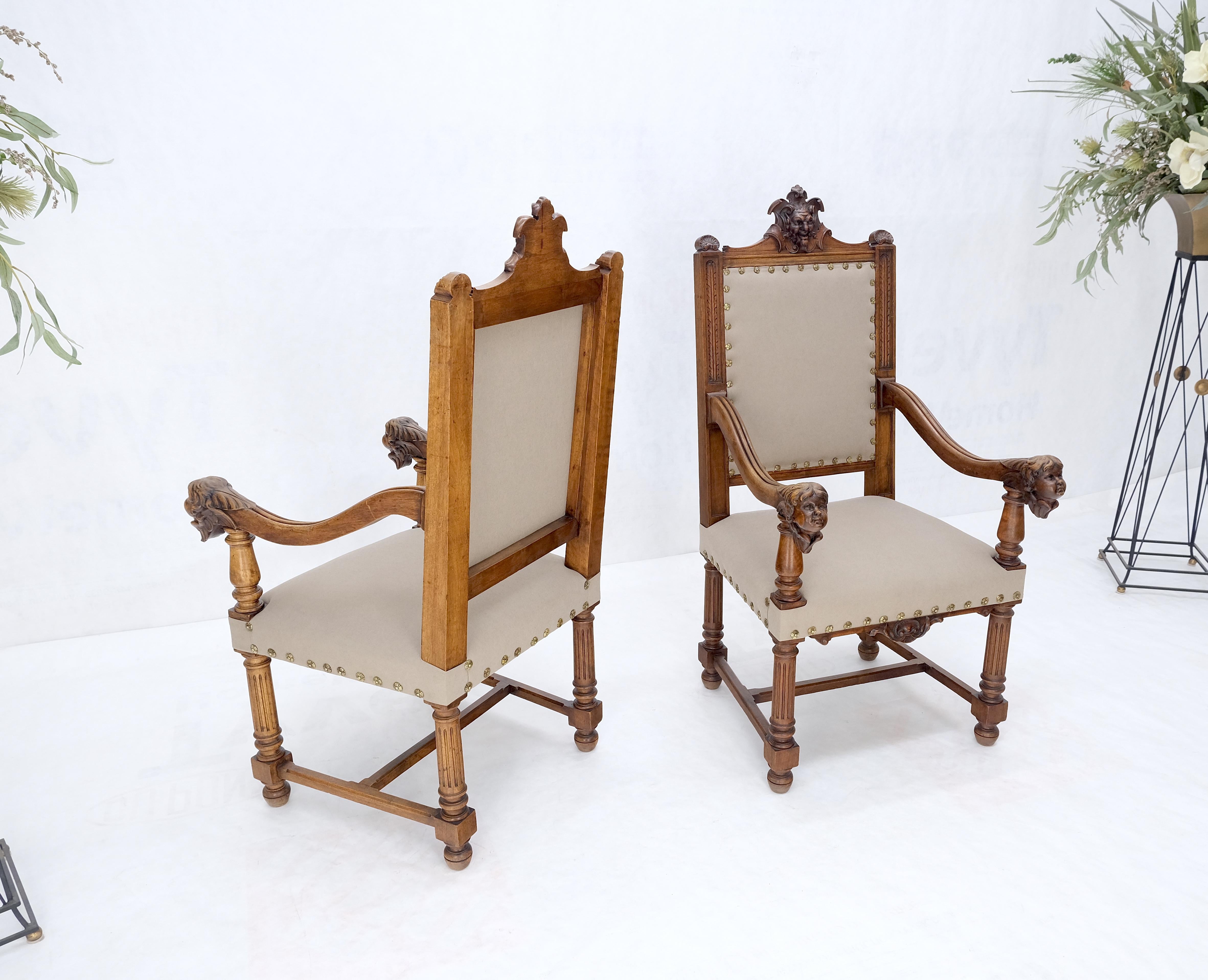 Pair Antique Heavily Carved Walnut Cherub North Wind Faces Arm Chairs New Uphols For Sale 10