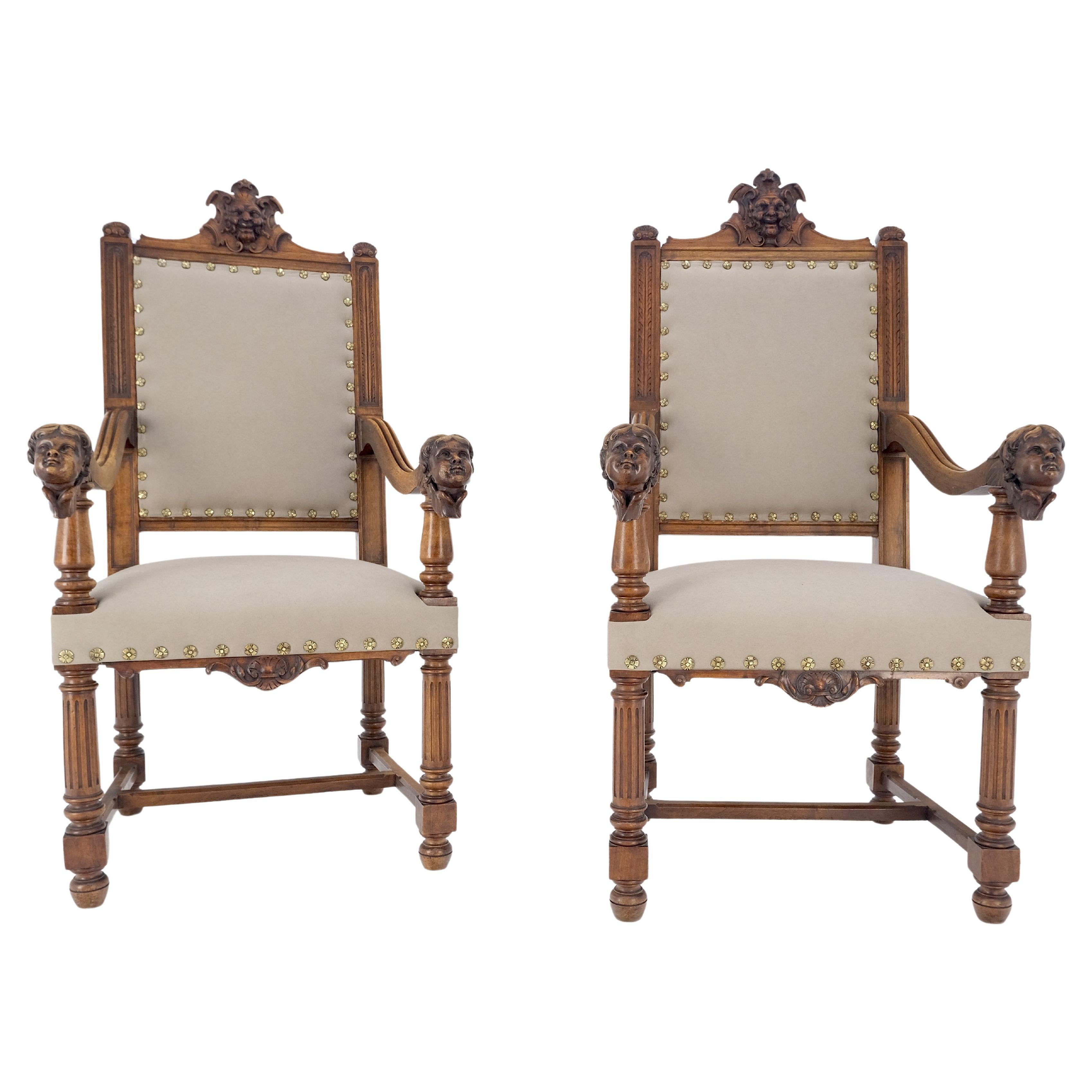 Pair Antique Heavily Carved Walnut Cherub North Wind Faces Arm Chairs New Upholstery MINT!