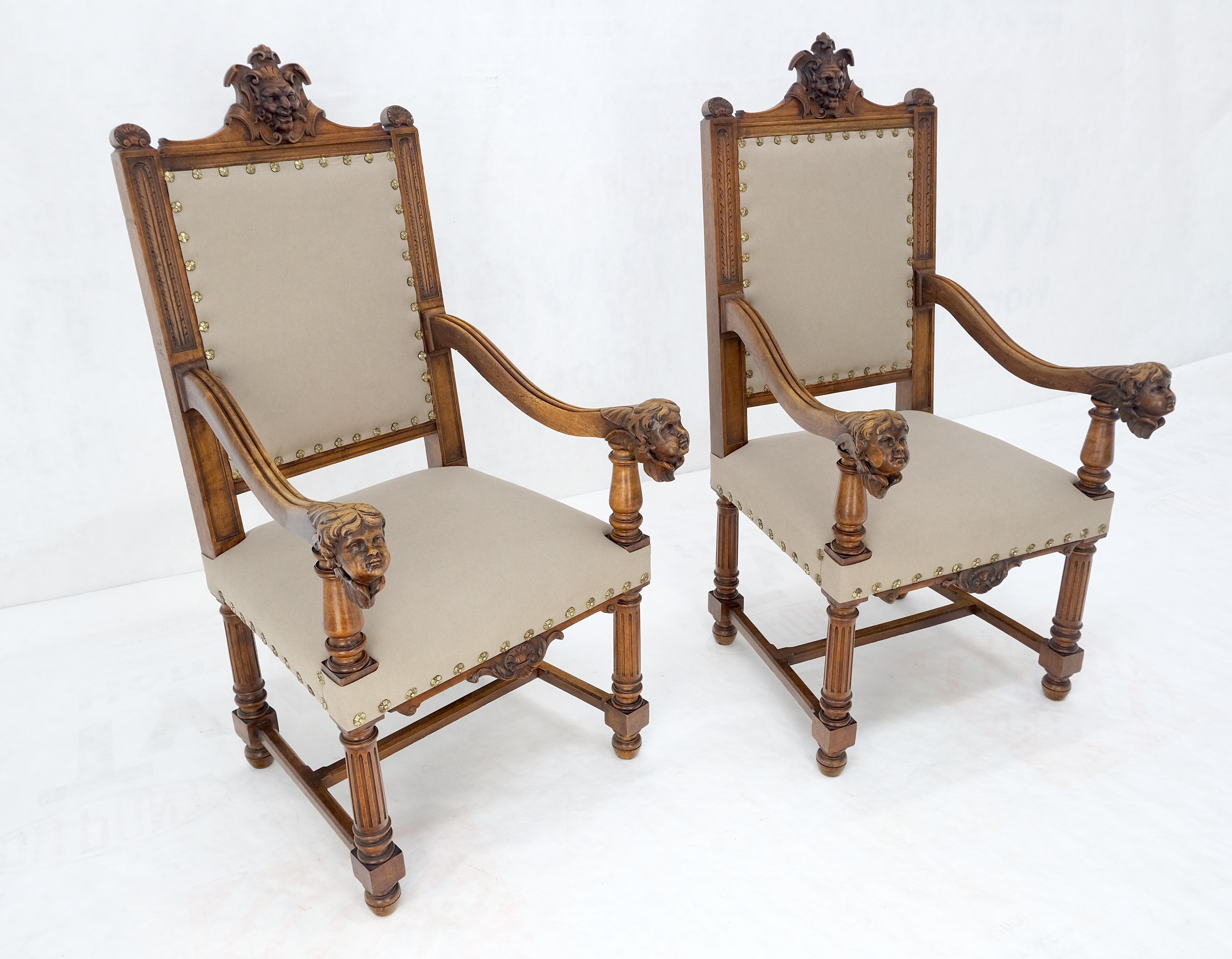 American Pair Antique Heavily Carved Walnut Cherub North Wind Faces Arm Chairs New Uphols For Sale
