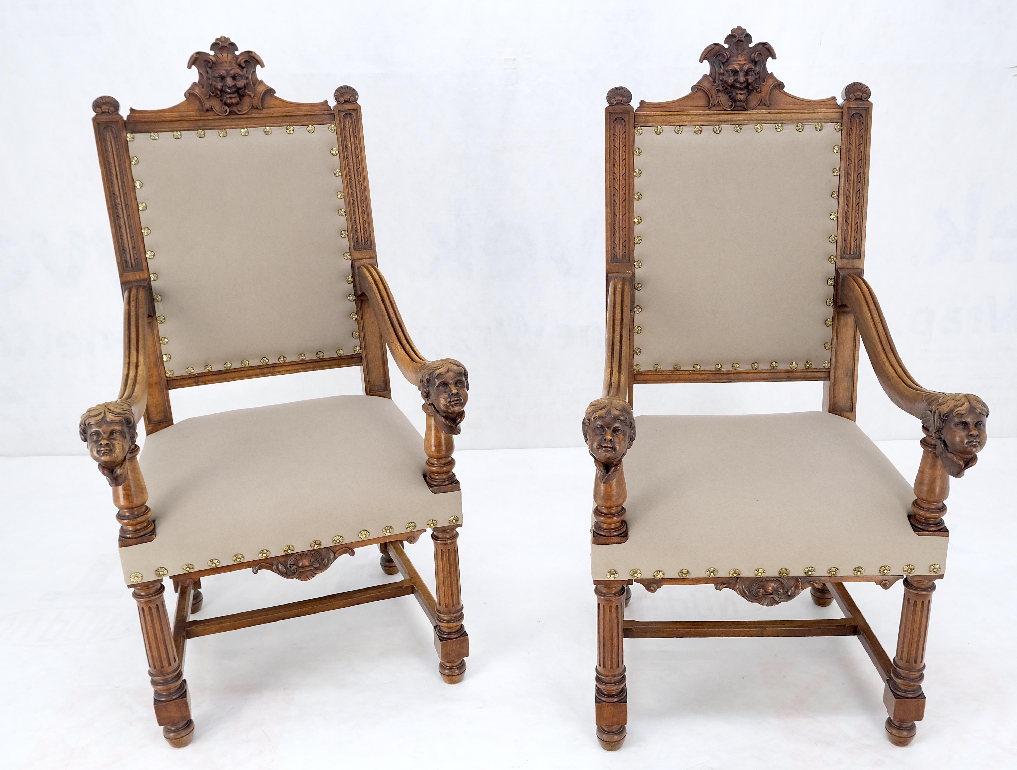 20th Century Pair Antique Heavily Carved Walnut Cherub North Wind Faces Arm Chairs New Uphols For Sale