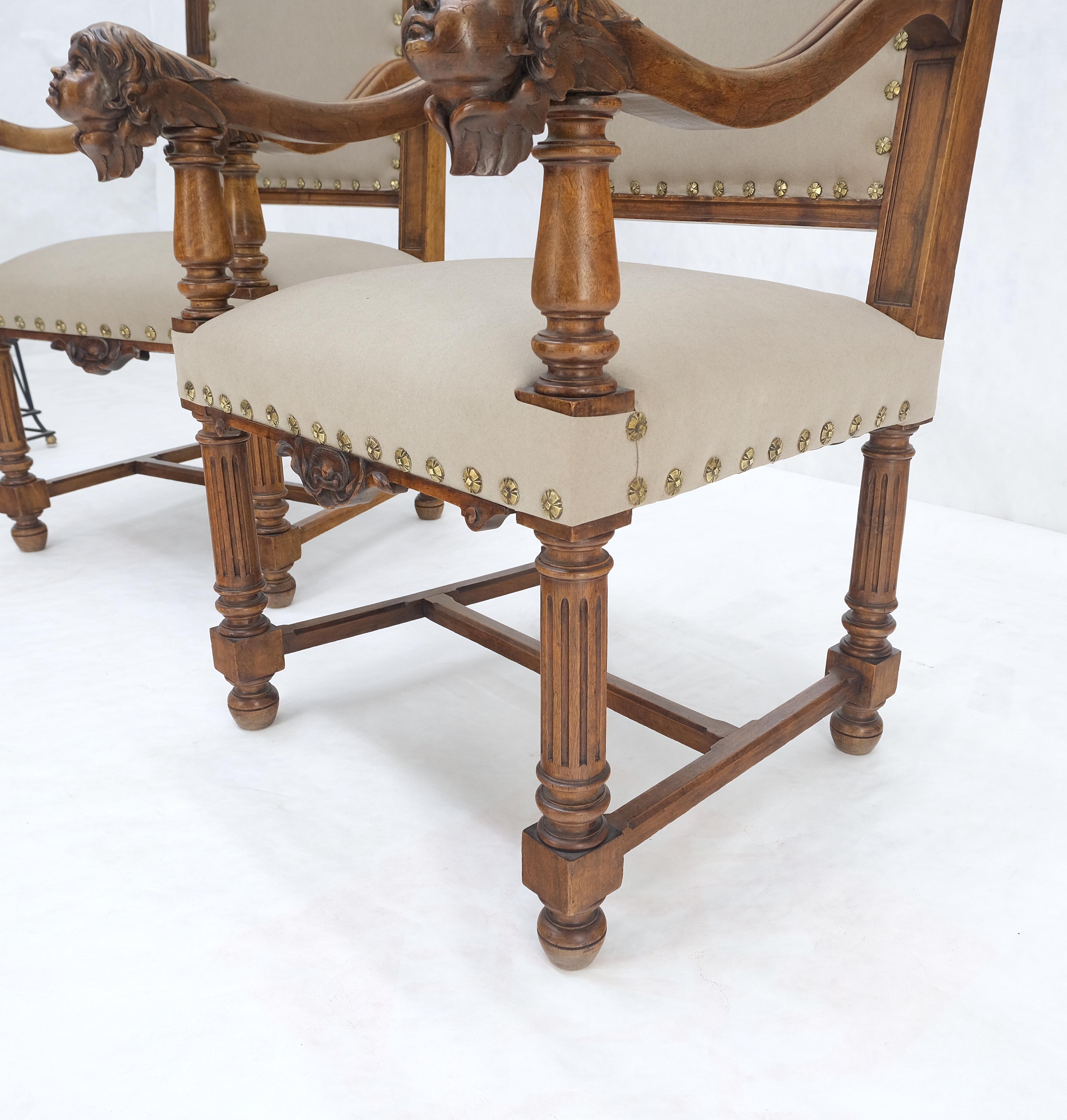 Brass Pair Antique Heavily Carved Walnut Cherub North Wind Faces Arm Chairs New Uphols For Sale