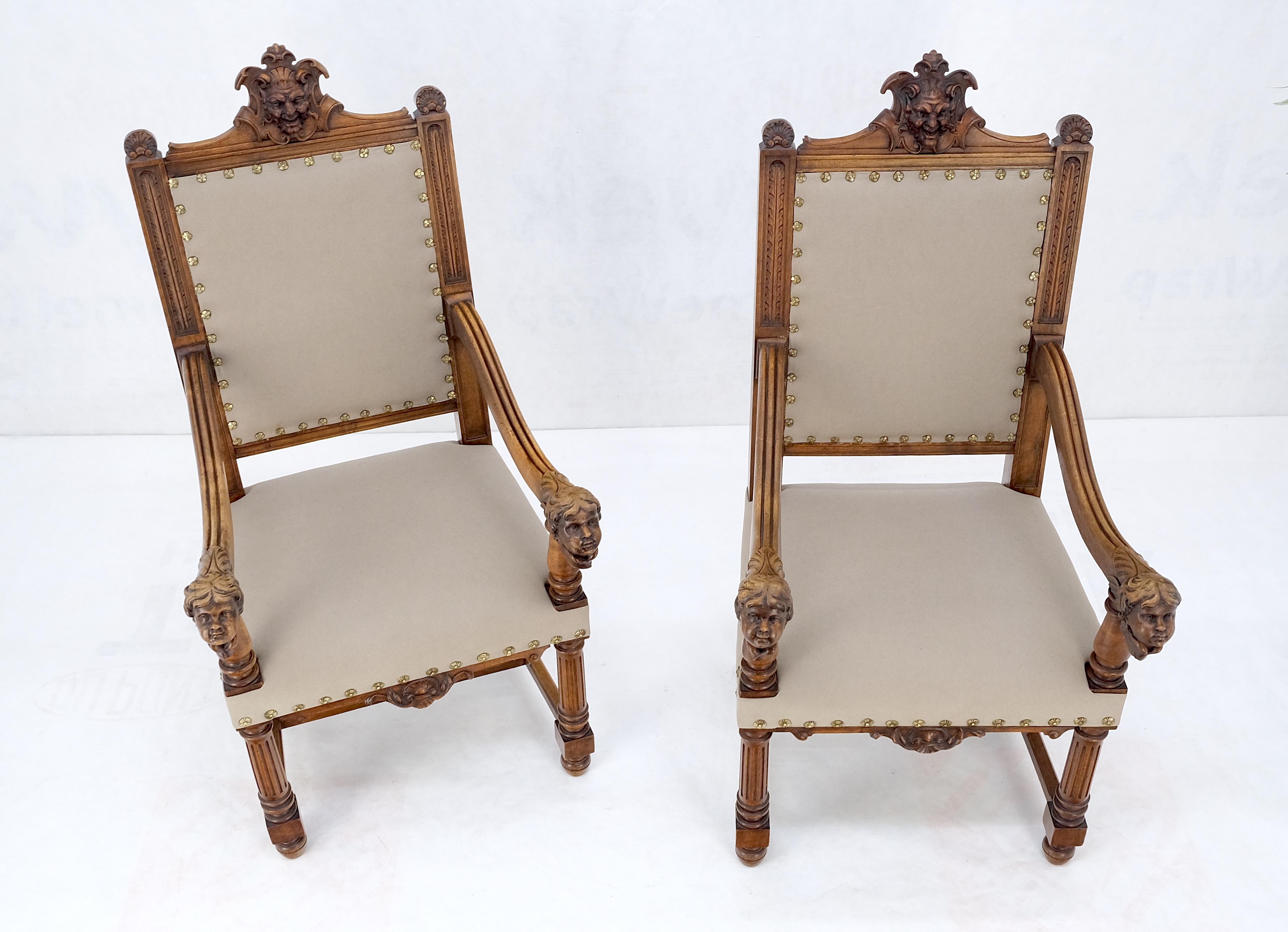 Pair Antique Heavily Carved Walnut Cherub North Wind Faces Arm Chairs New Uphols For Sale 1