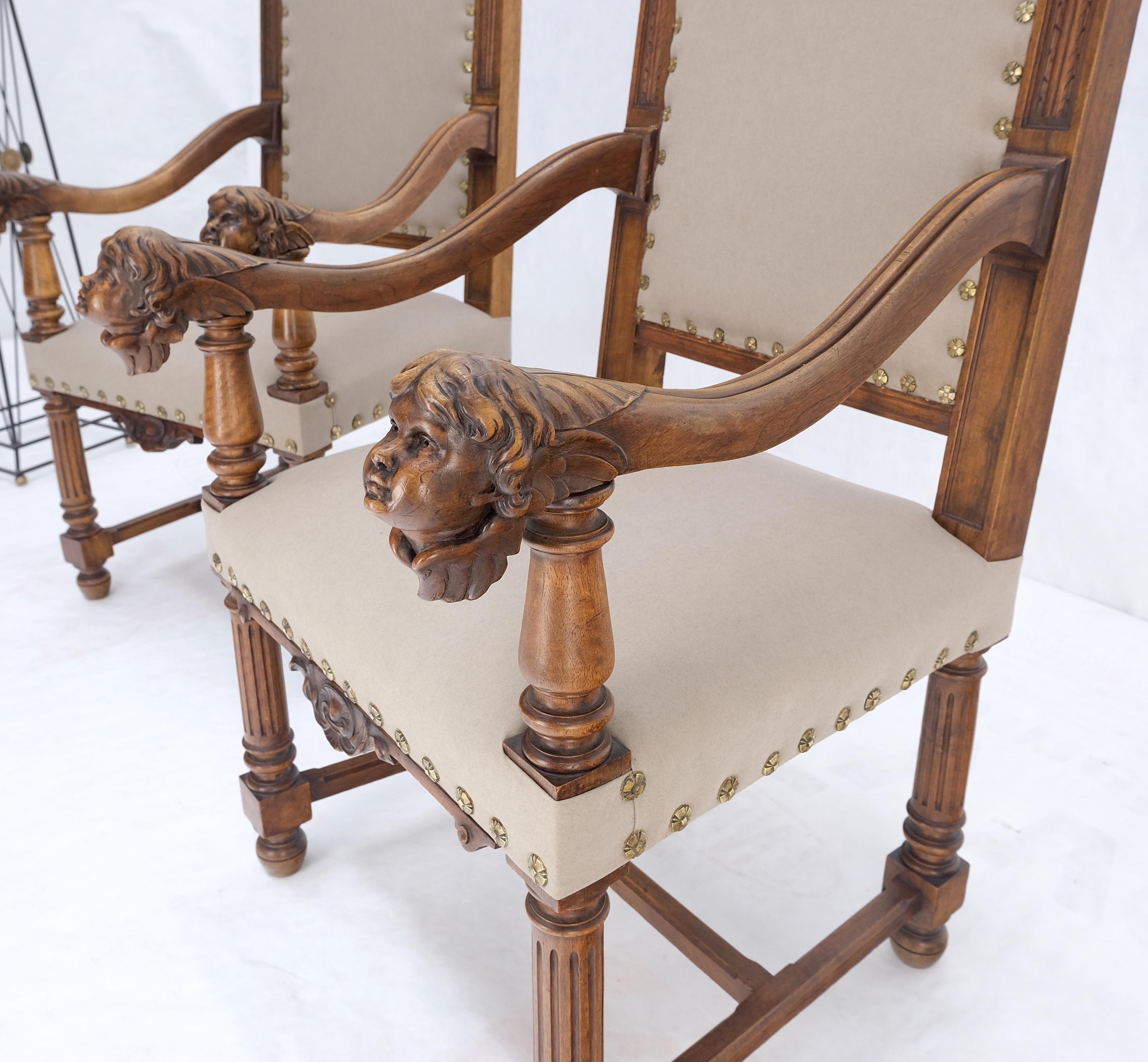 Pair Antique Heavily Carved Walnut Cherub North Wind Faces Arm Chairs New Uphols For Sale 2