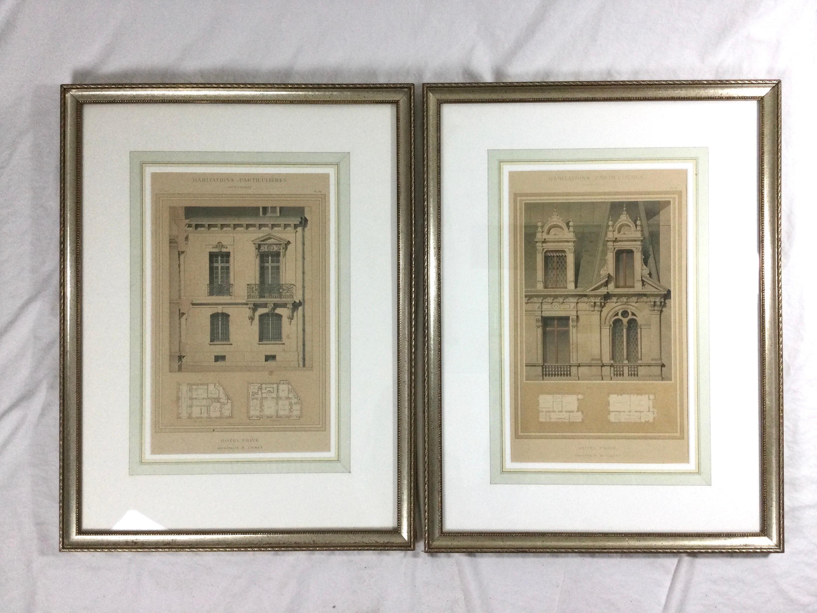 Pair Antique Hotel Architectural Lithograph Prints, Paul Planat France. Nicely framed pair of numbered plates. Very minor aging to the paper and age appropriate wear. Probably framed in the 80's? Overall size is 19 1,2