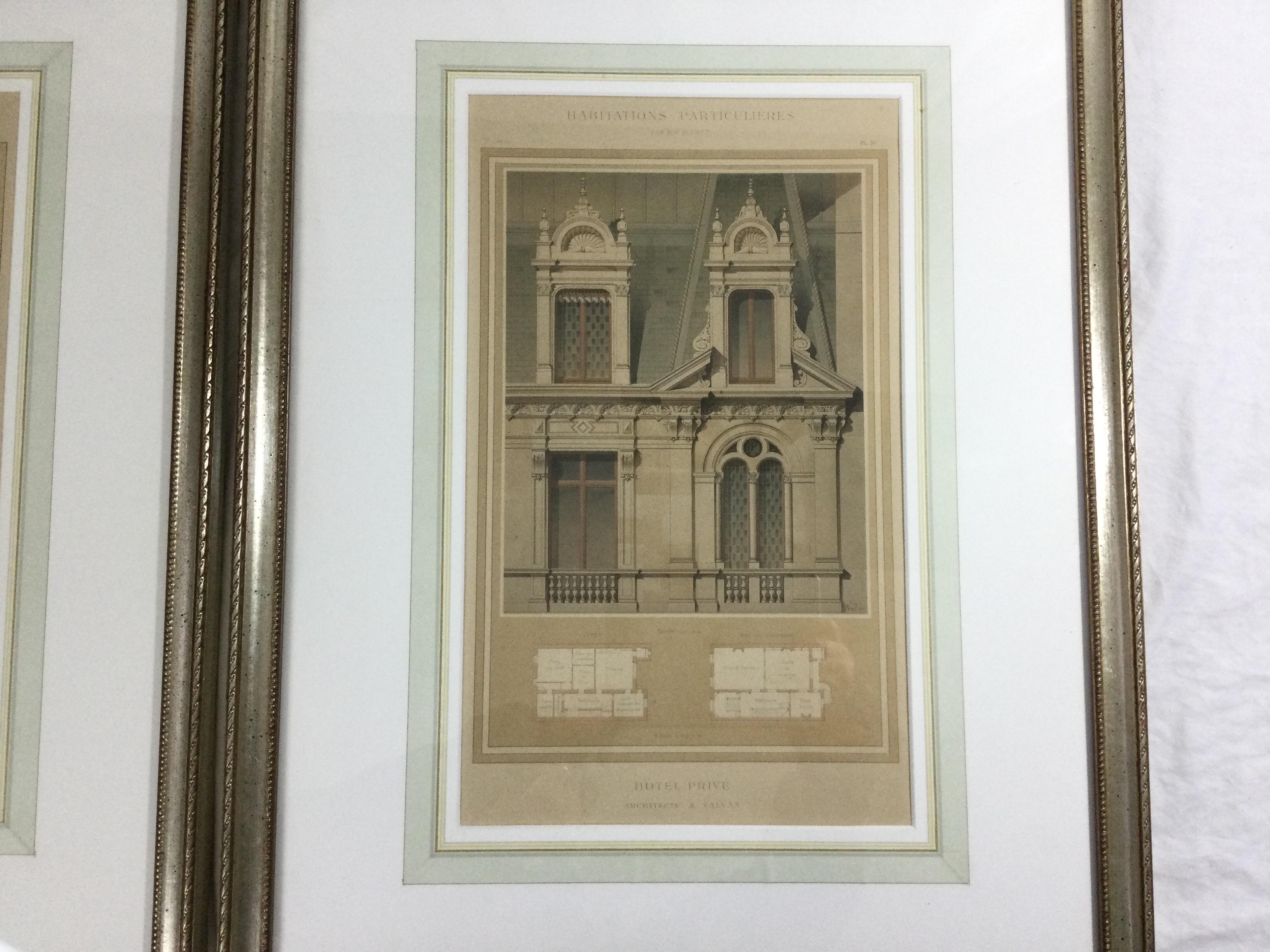 French Pair Antique Hotel Architectural Lithograph Prints, Paul Planat France For Sale