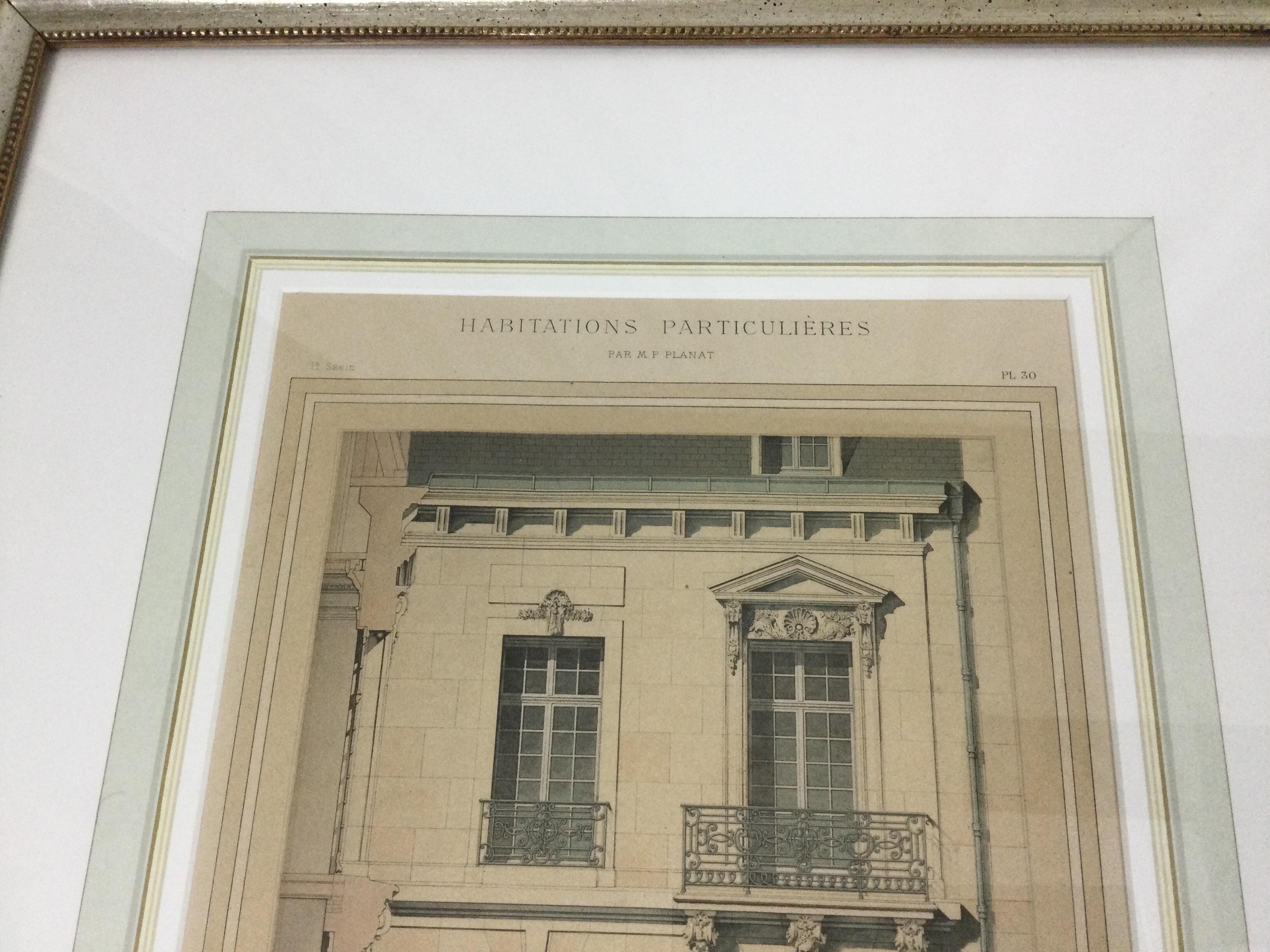 Paper Pair Antique Hotel Architectural Lithograph Prints, Paul Planat France For Sale
